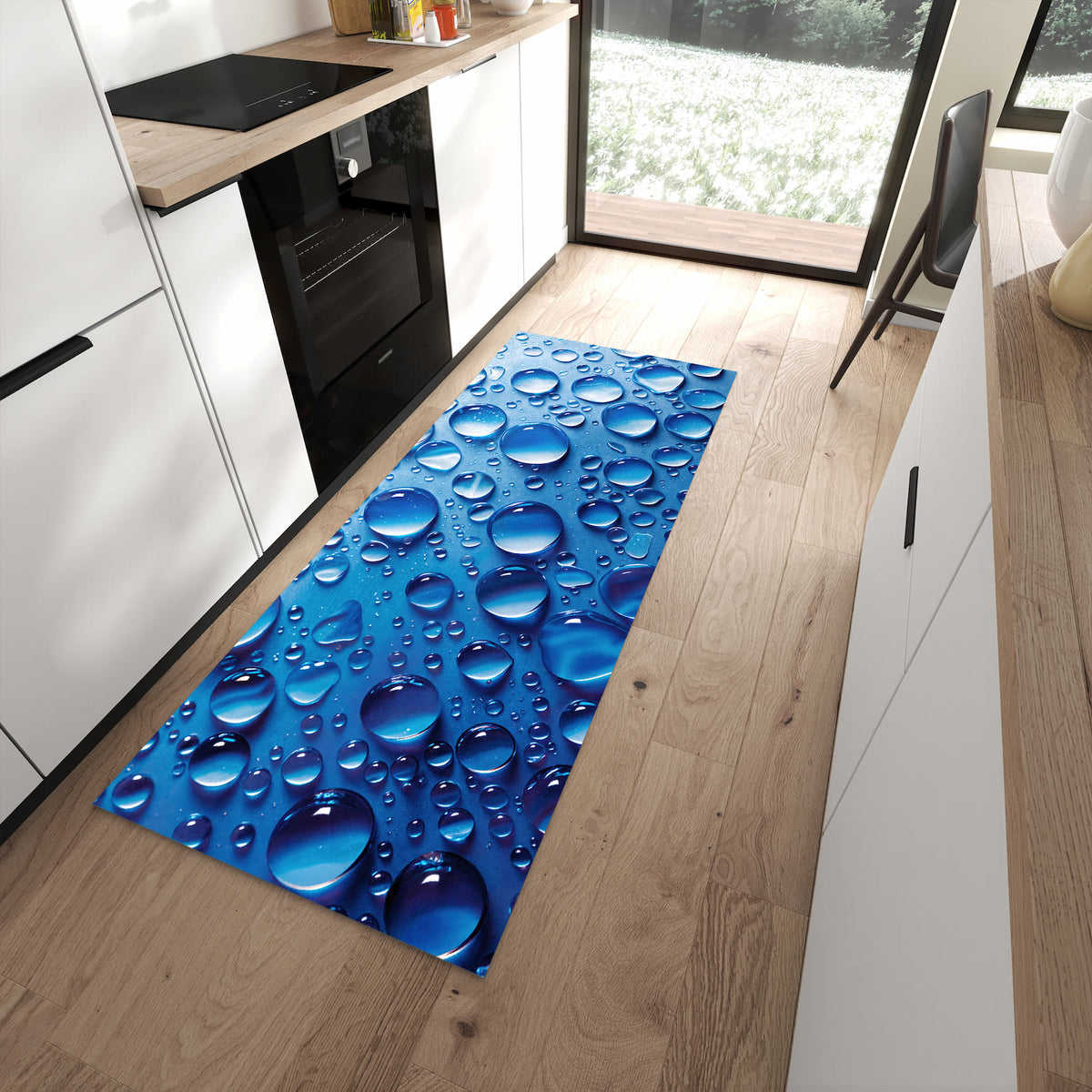 Farbbeständiger waschbarer Küchenläufer mit Motiv Wassertropfen in moderner Küche