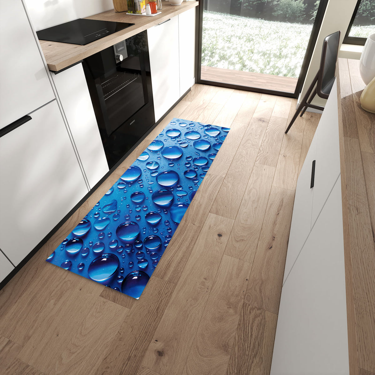 Rutschfester waschbarer Küchenteppich mit Motiv Wassertropfen in moderner Küche