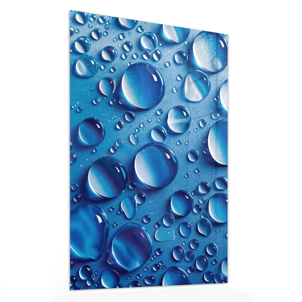 Glasbild Tropfen auf Blau von der Seite, 4 mm Echtglas