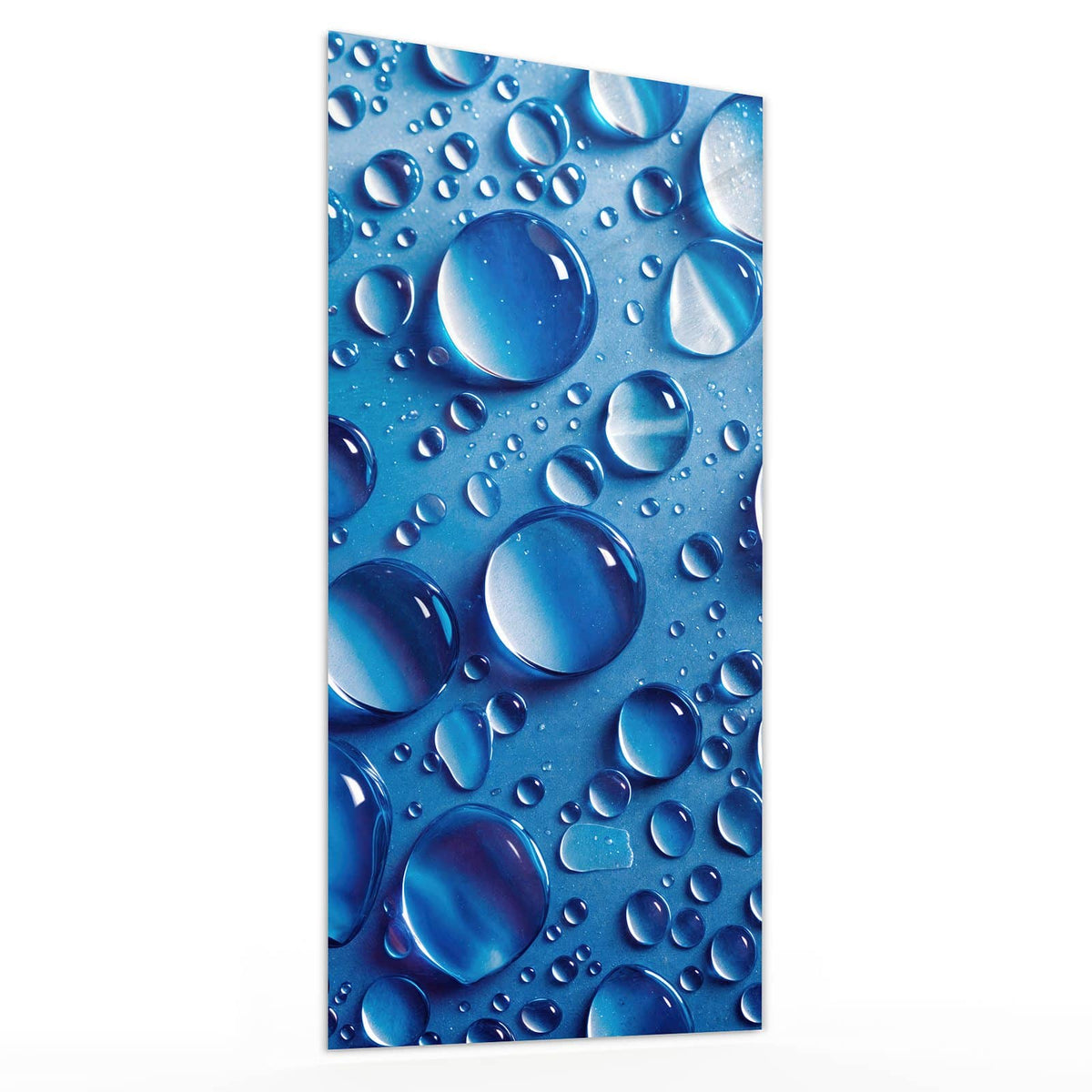 Glasbild Tropfen auf Blau von der Seite, 4 mm Echtglas
