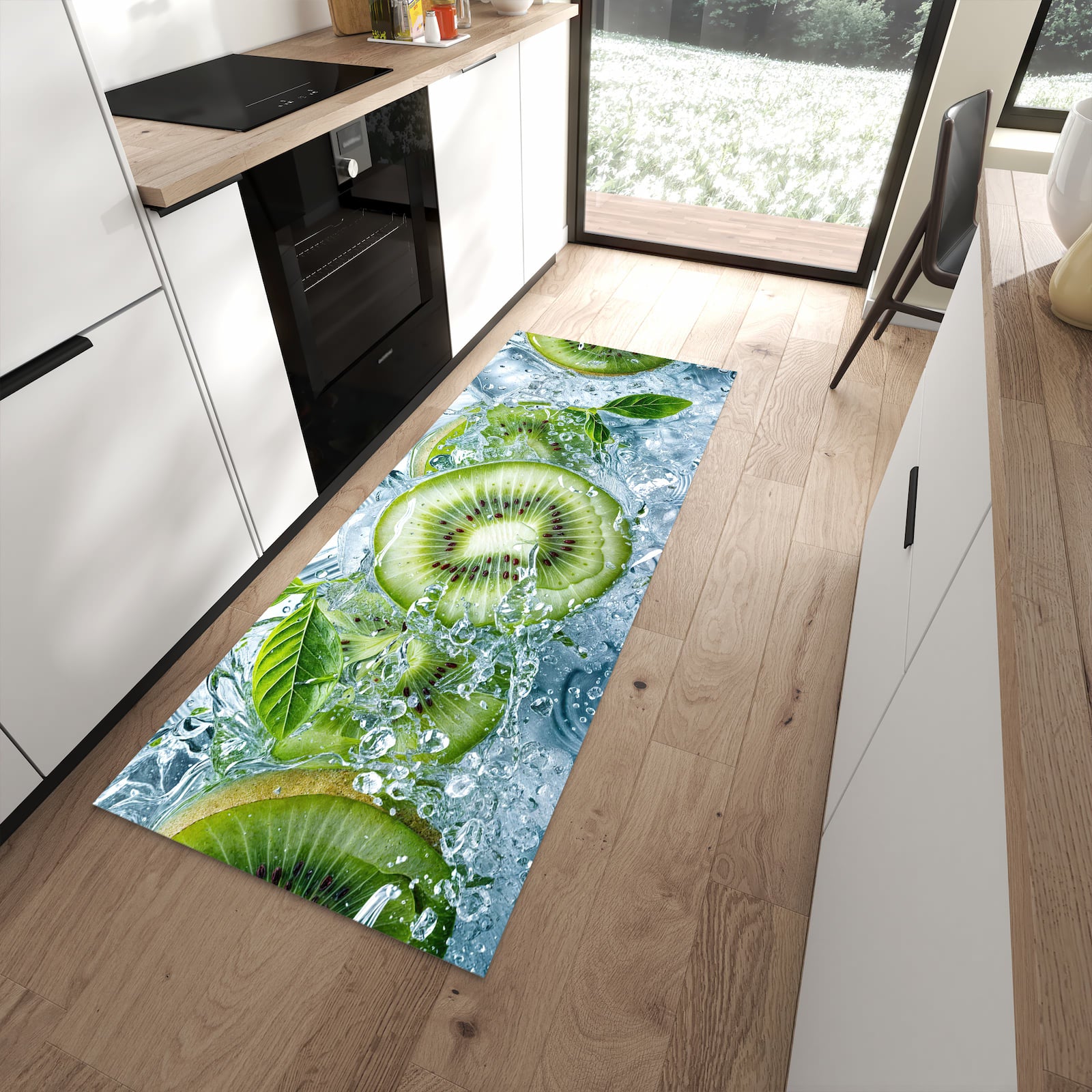 Langlebiger Küchenläufer mit Motiv Frische Kiwi Splashes in moderner Küche