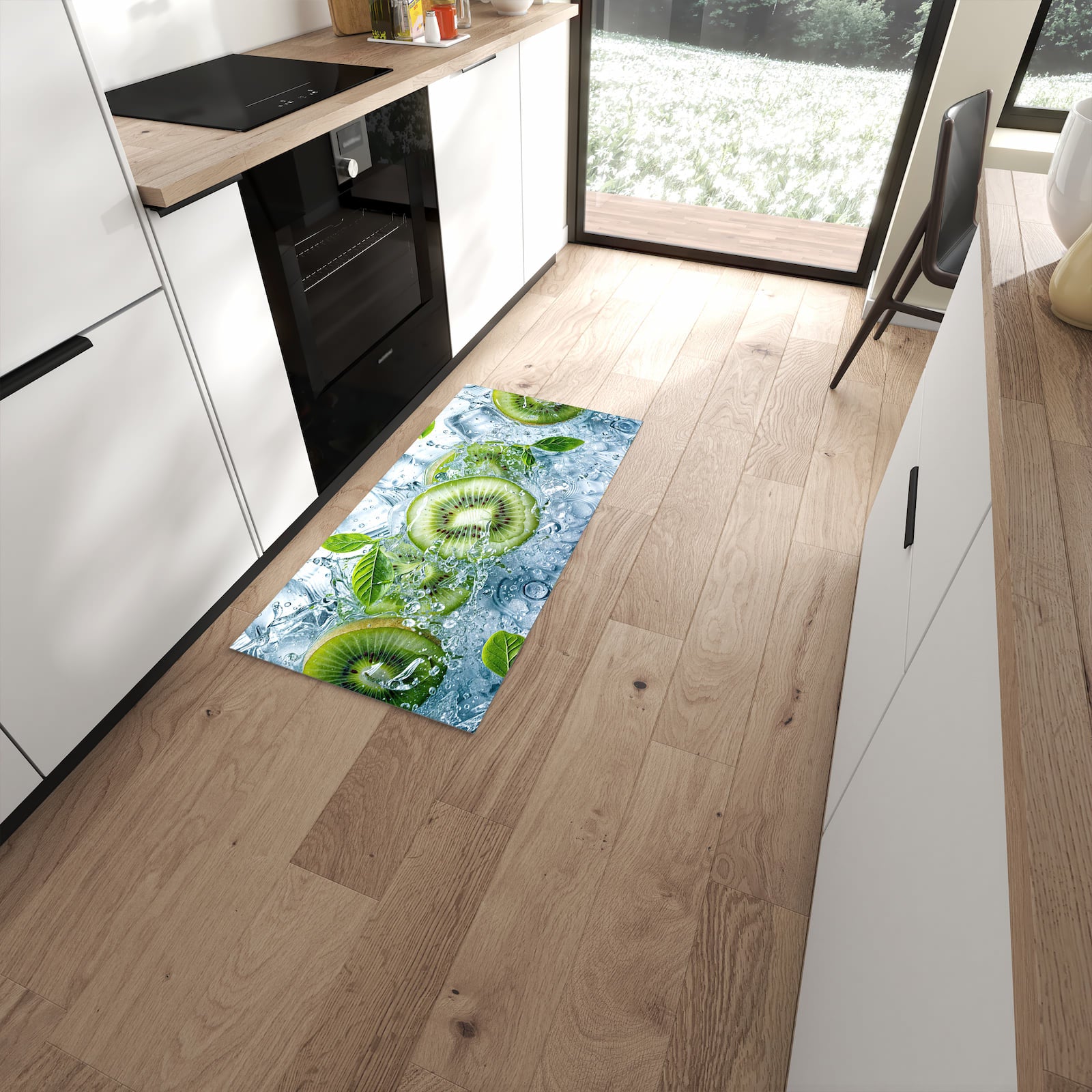 Abriebfester Küchenteppich mit Motiv Frische Kiwi Splashes in moderner Küche #grösse_60 x 120 cm