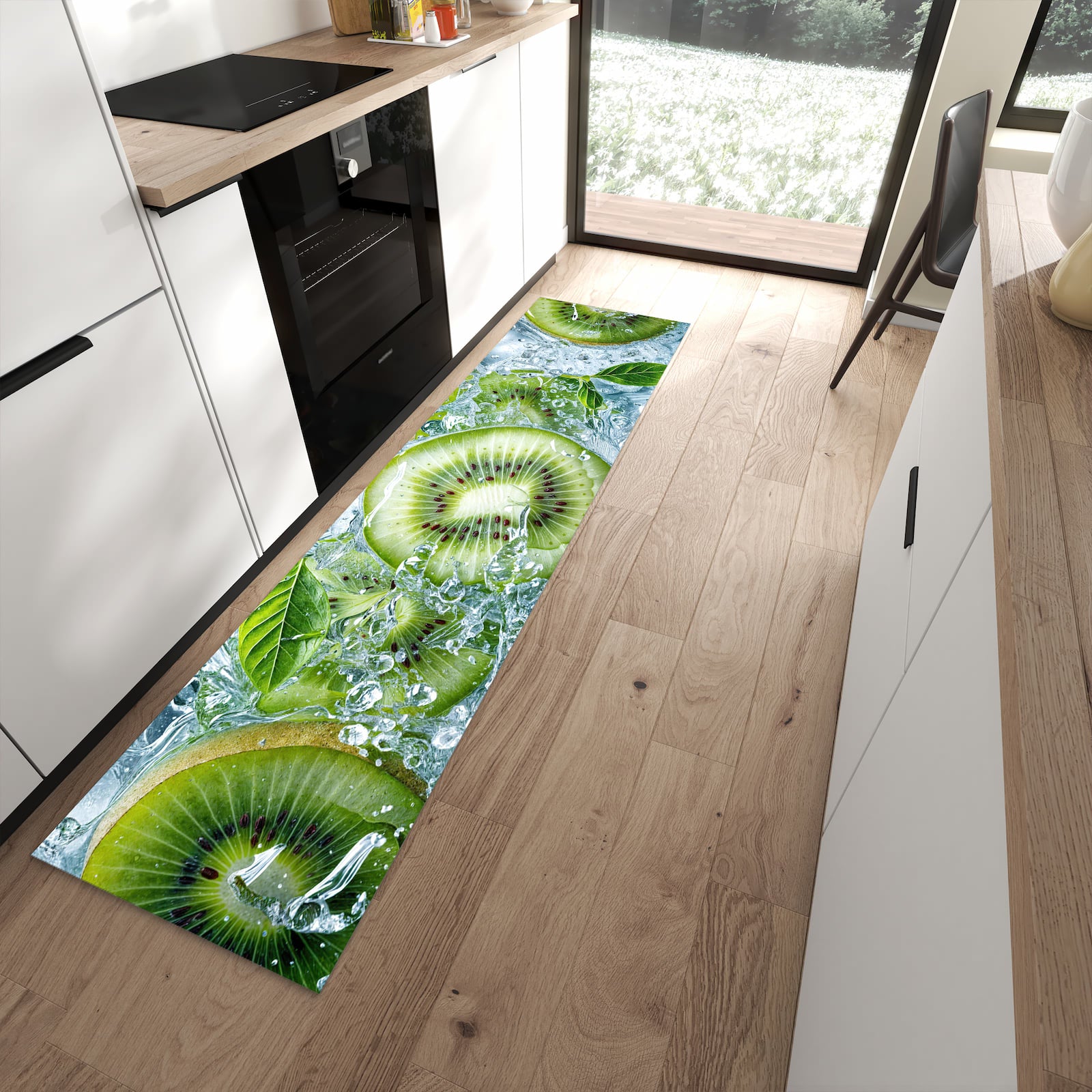 Wasserabweisender Teppich für die Küche mit Motiv Frische Kiwi Splashes in moderner Küche