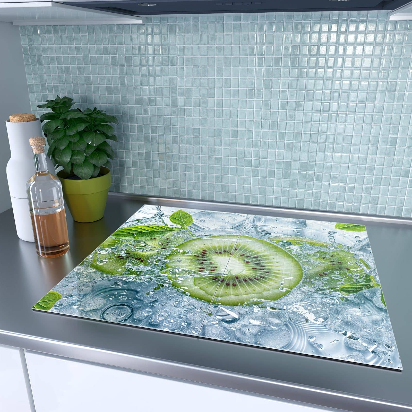 2-teilige Herdabdeckplatte mit Frische Kiwi Spritzer-Motiv auf dem Ceranfeld