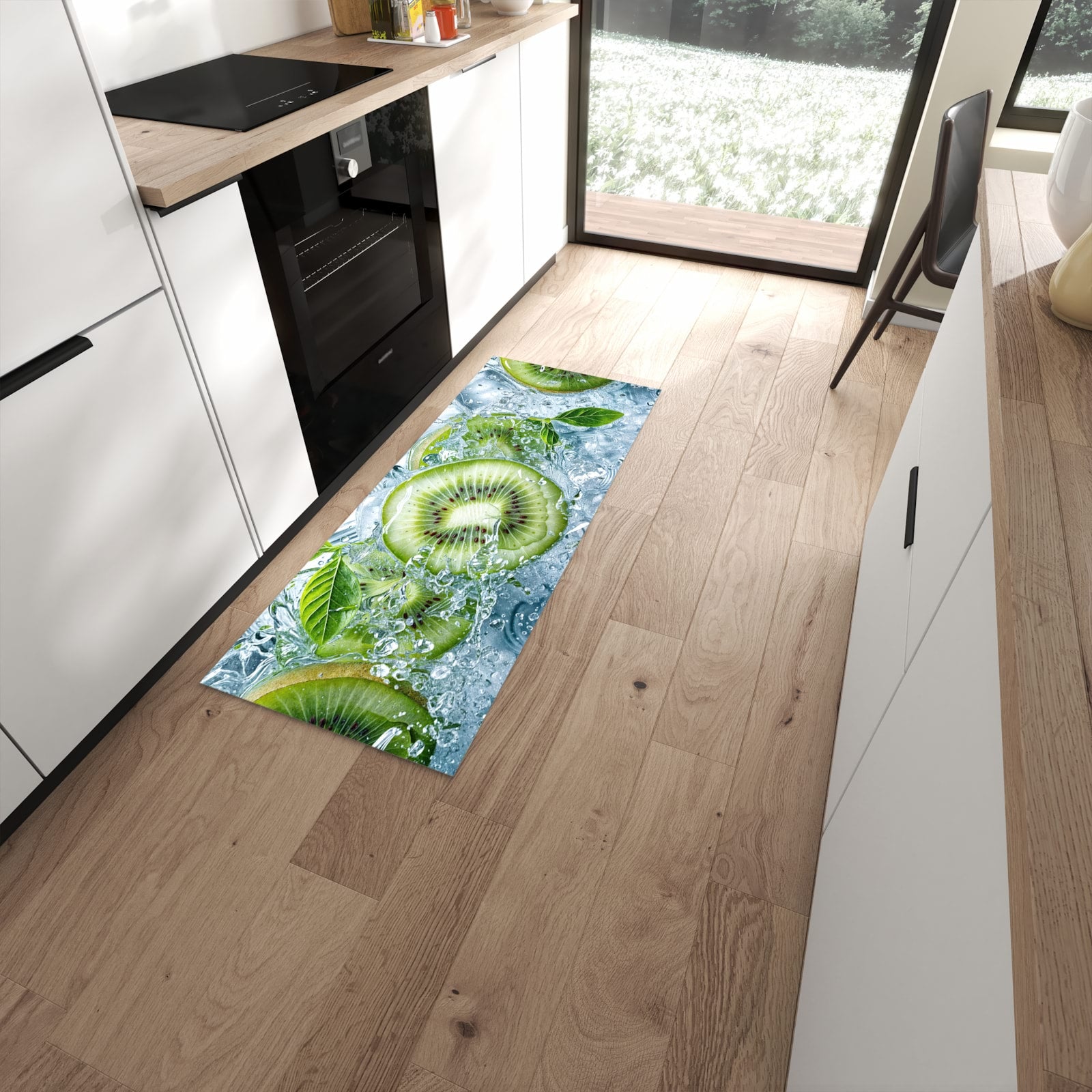 UV-beständiger Teppich für Küche mit Motiv Frische Kiwi Splashes in moderner Küche #grösse_60 x 150 cm