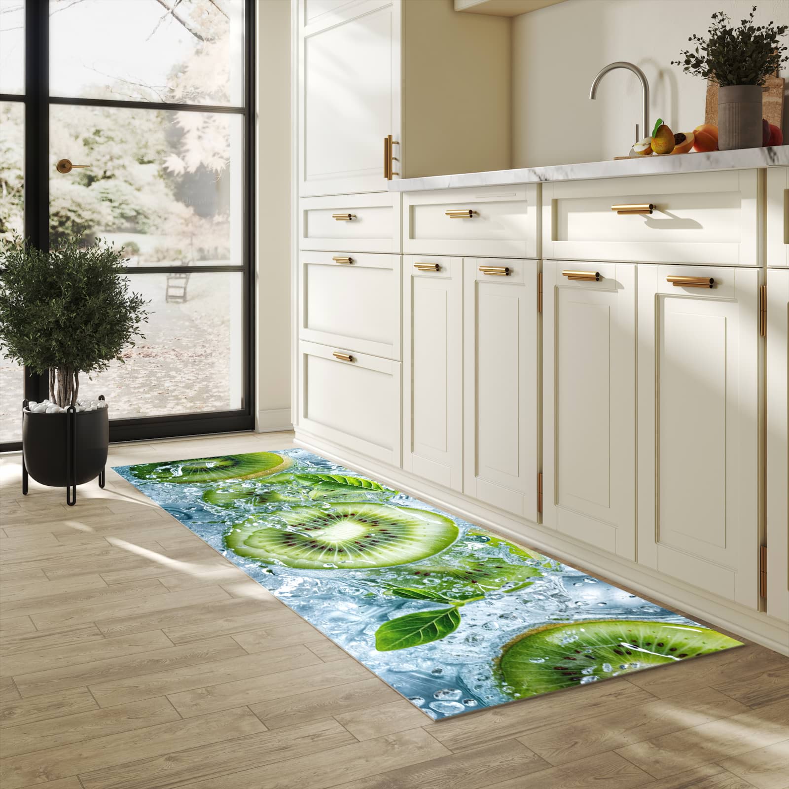Waschbarer Küchenteppich mit Motiv Frische Kiwi Splashes für Ordnung in heller Küche
