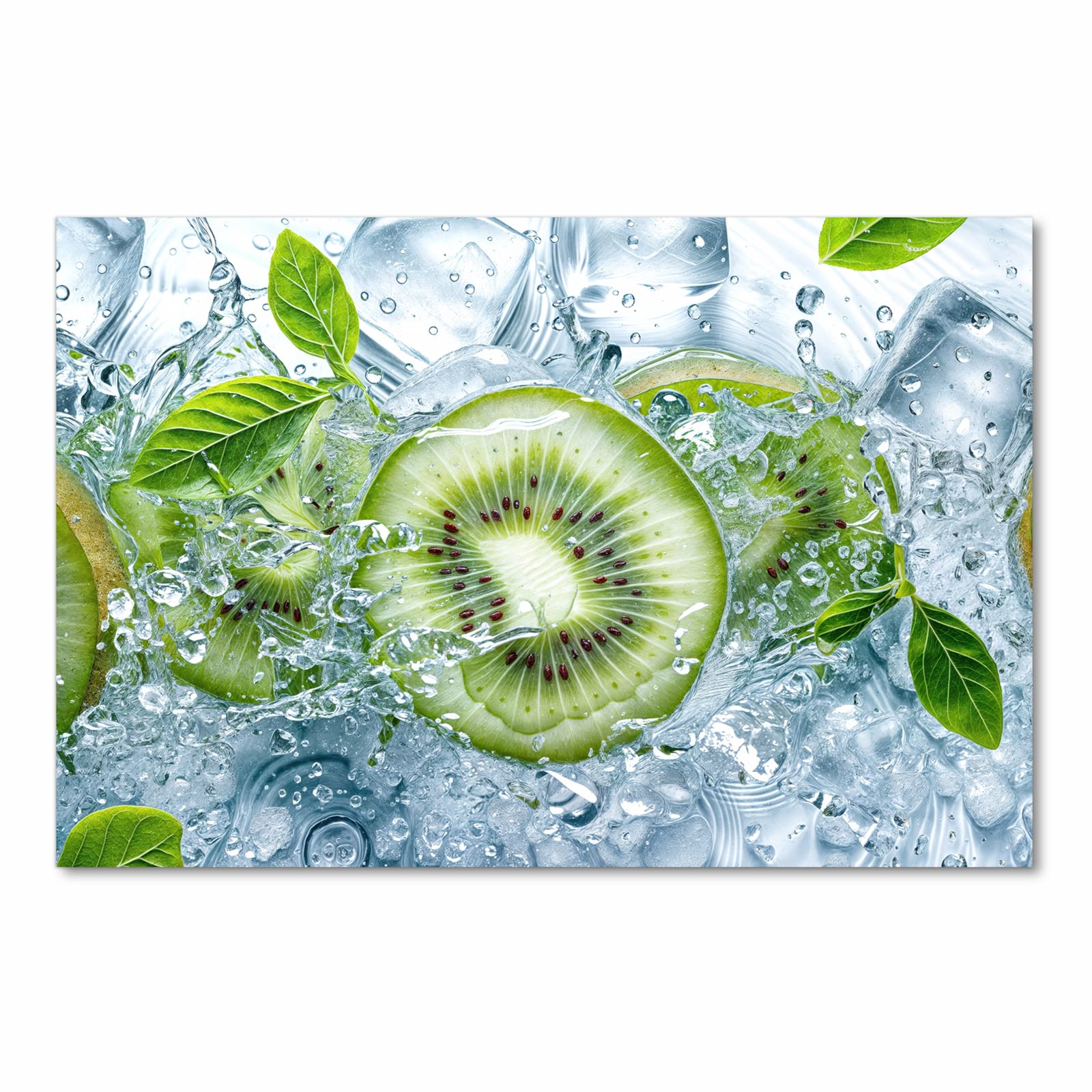 Waschbarer dünner Küchenteppich mit Motiv Frische Kiwi Splashes in Frontansicht für Ordnung