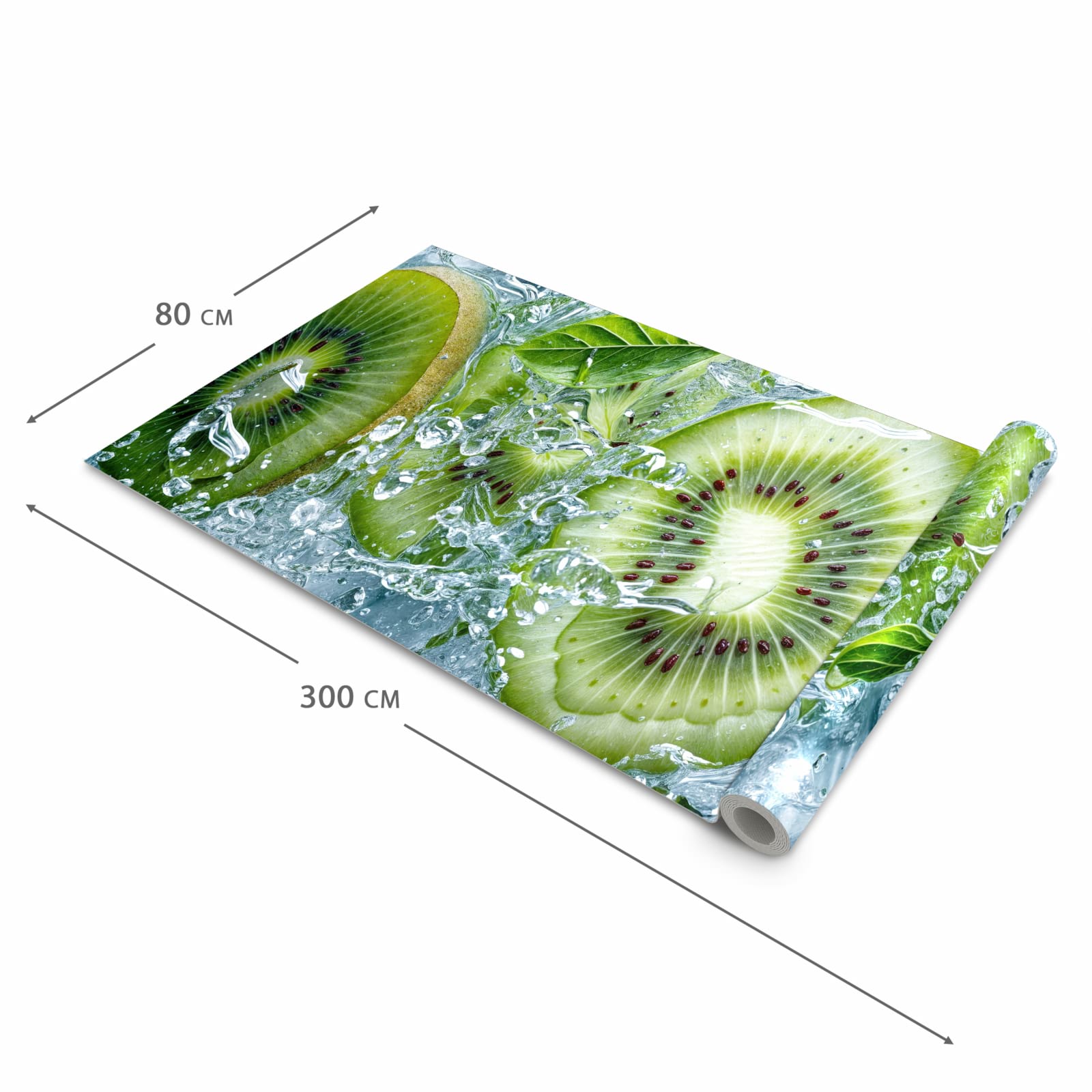 Strapazierfähiger Küchenteppich mit Motiv Frische Kiwi Splashes in der Grösse 90x240 cm