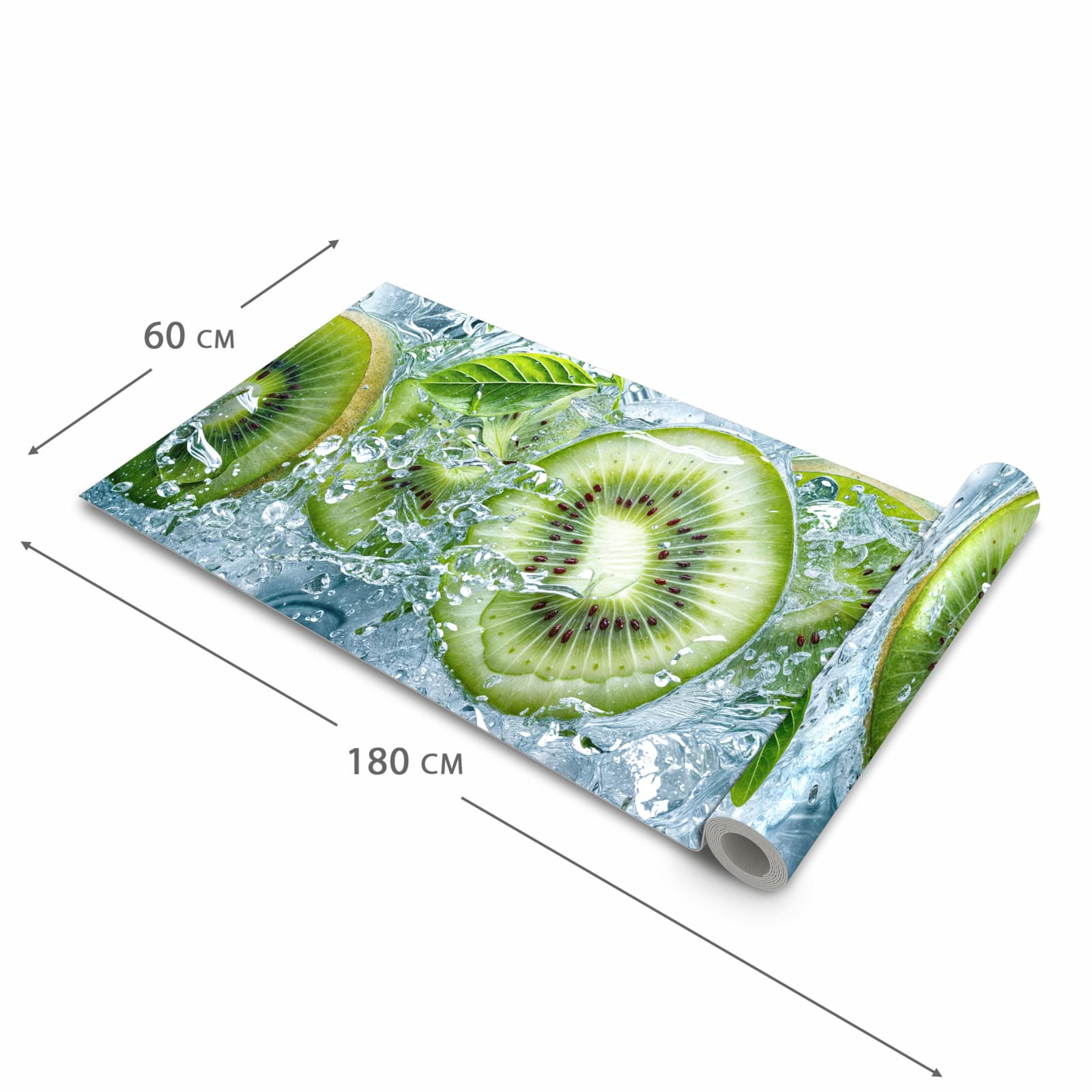 Langlebiger dünner Küchenteppich mit Motiv Frische Kiwi Splashes in der Grösse 90x240 cm