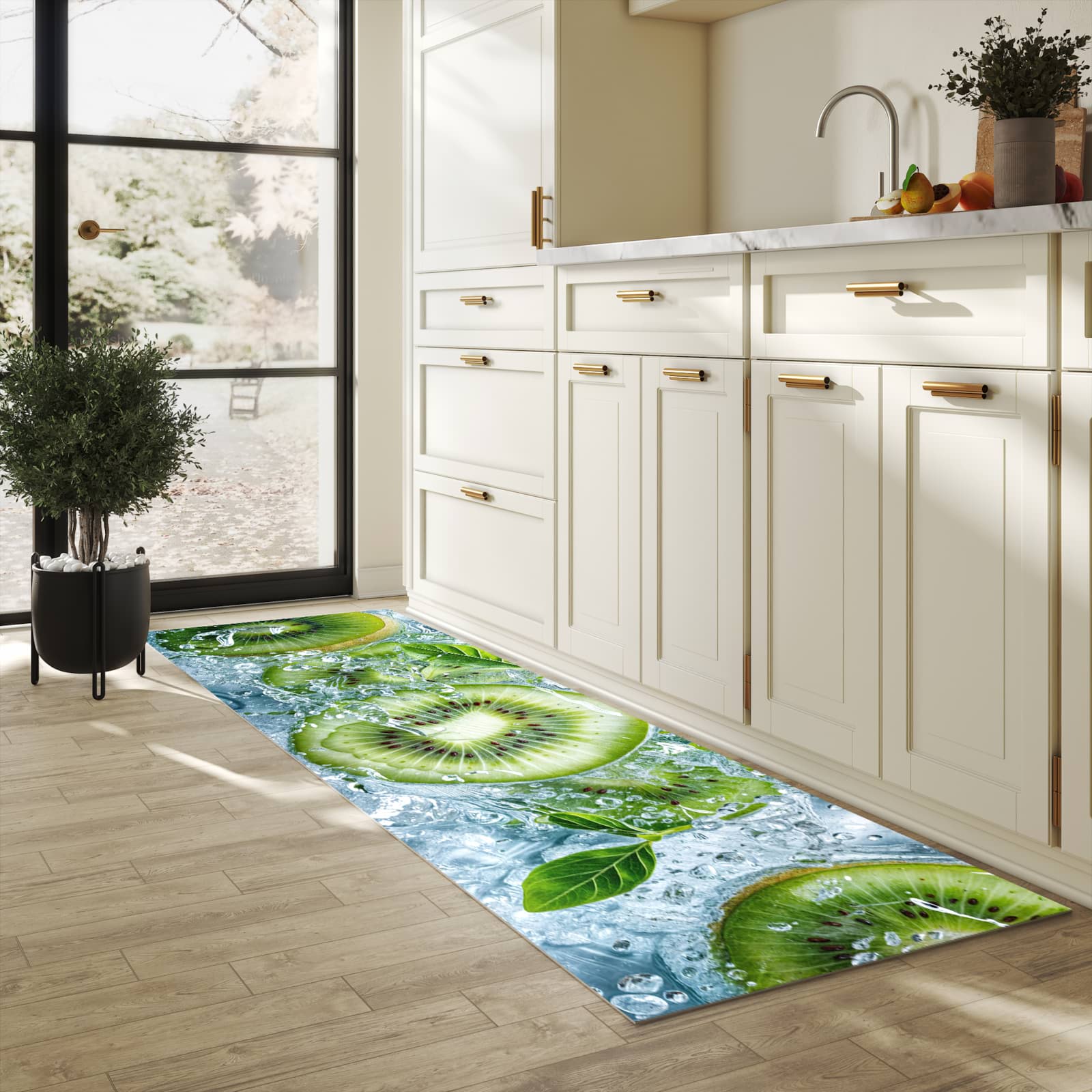 Bodenschonender großer Küchenteppich mit Motiv Frische Kiwi Splashes in heller Küche