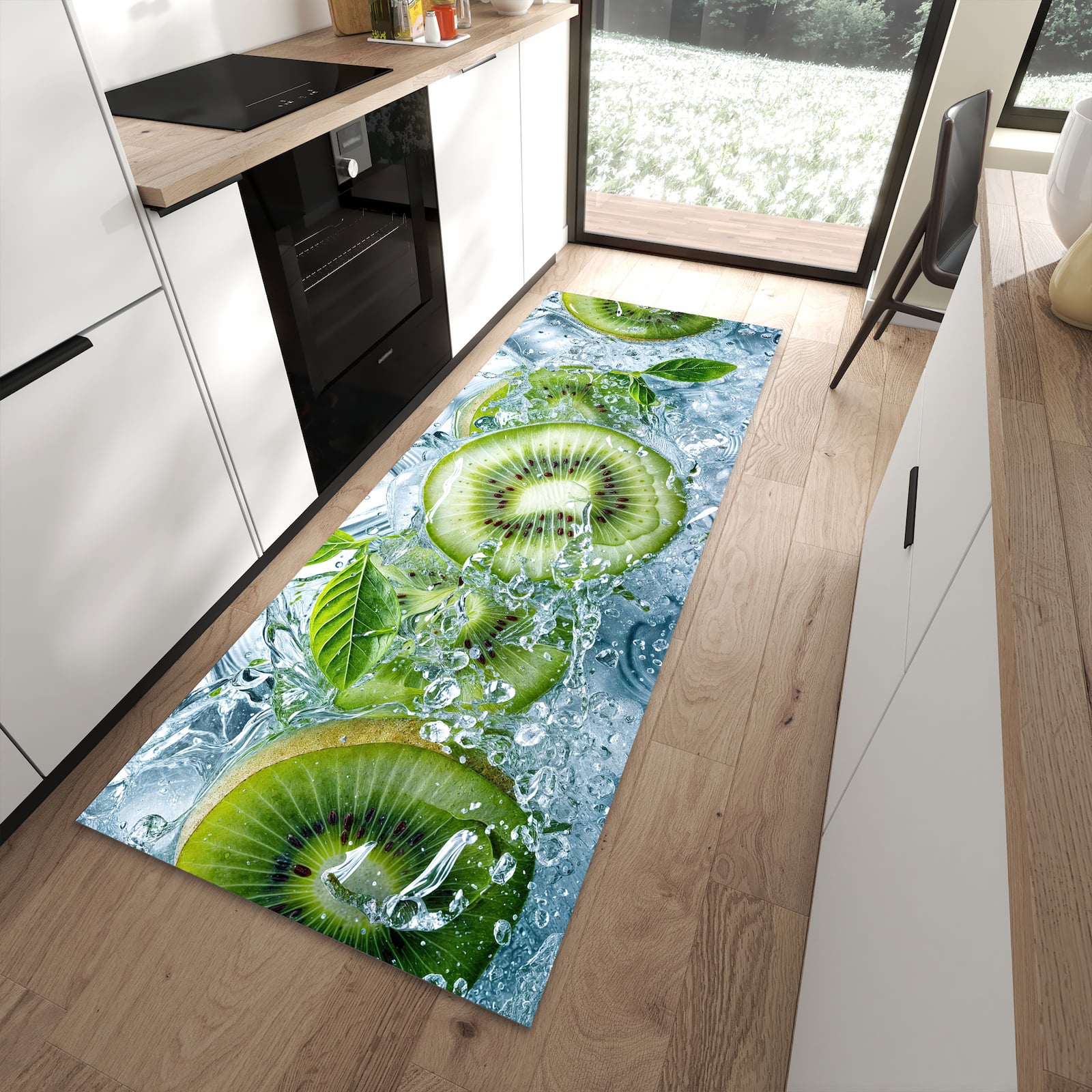 Hygienischer rutschfester Küchenteppich mit Motiv Frische Kiwi Splashes in moderner Küche