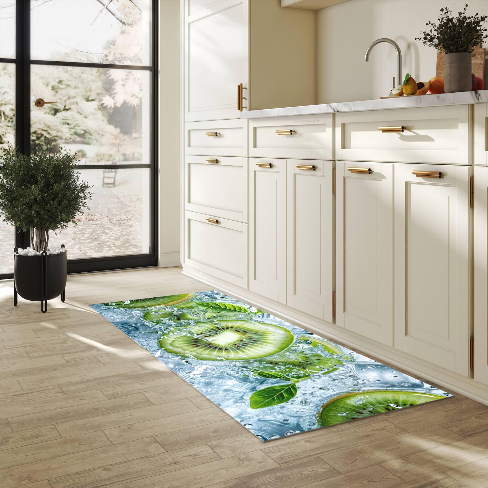Waschbarer Küchenteppich mit Motiv Frische Kiwi Splashes in heller Küche schont den Boden