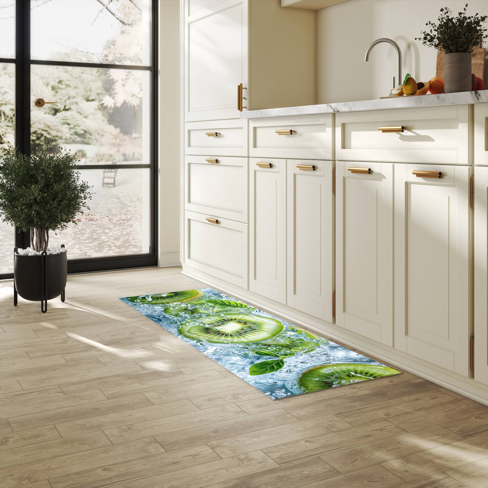 Strapazierfähiger Küchenteppich mit Motiv Frische Kiwi Splashes in heller Küche