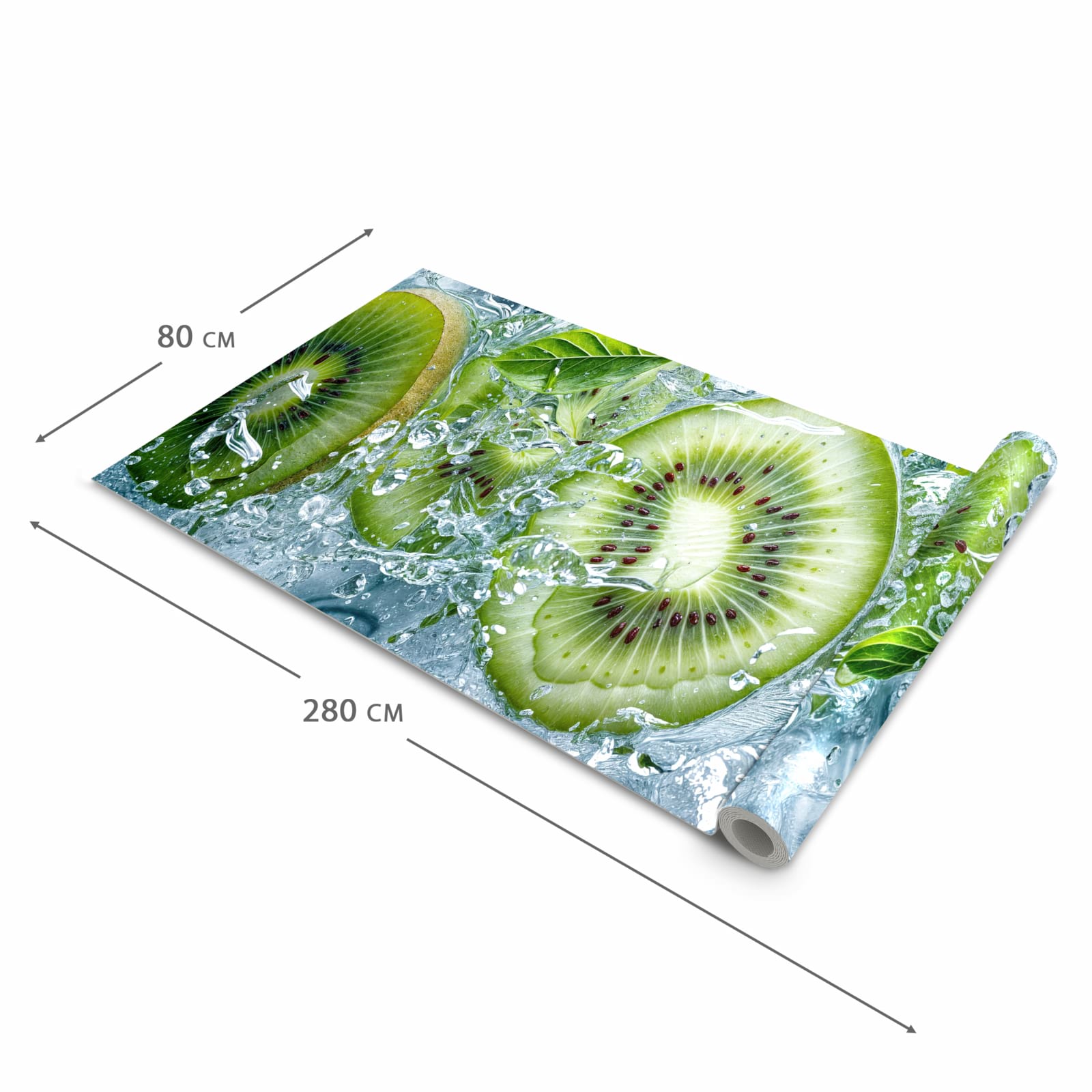 Hygienischer Bodenläufer Teppich mit Motiv Frische Kiwi Splashes in der Grösse 90x240 cm