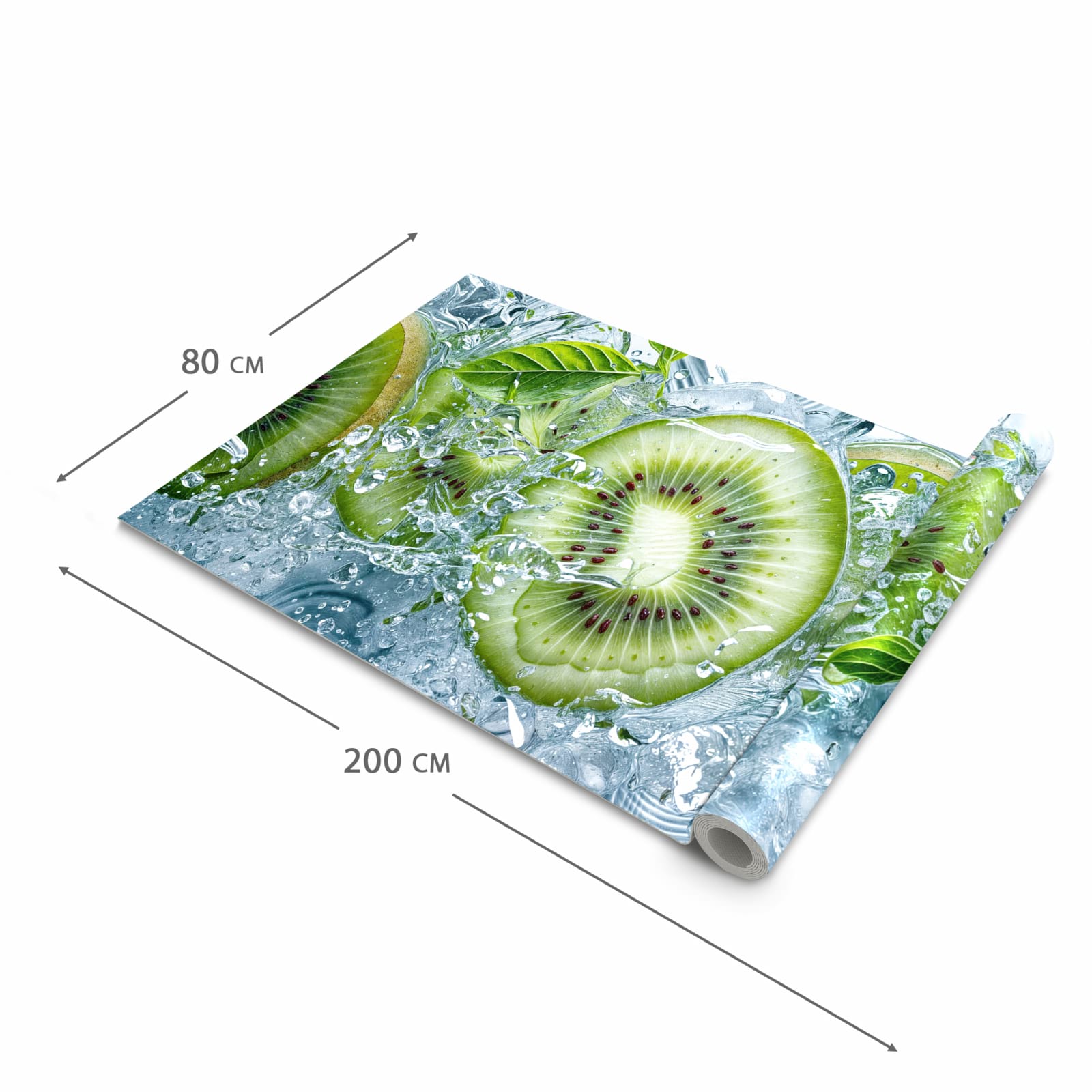 Pflegeleichter rutschfester Küchenteppich mit Motiv Frische Kiwi Splashes in der Grösse 90x240 cm