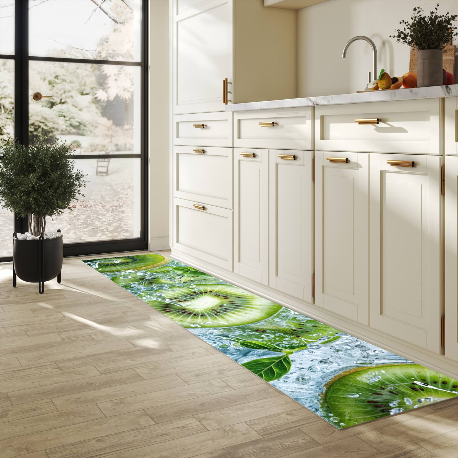 Rutschfester Küchenteppich mit Motiv Frische Kiwi Splashes in heller Küche