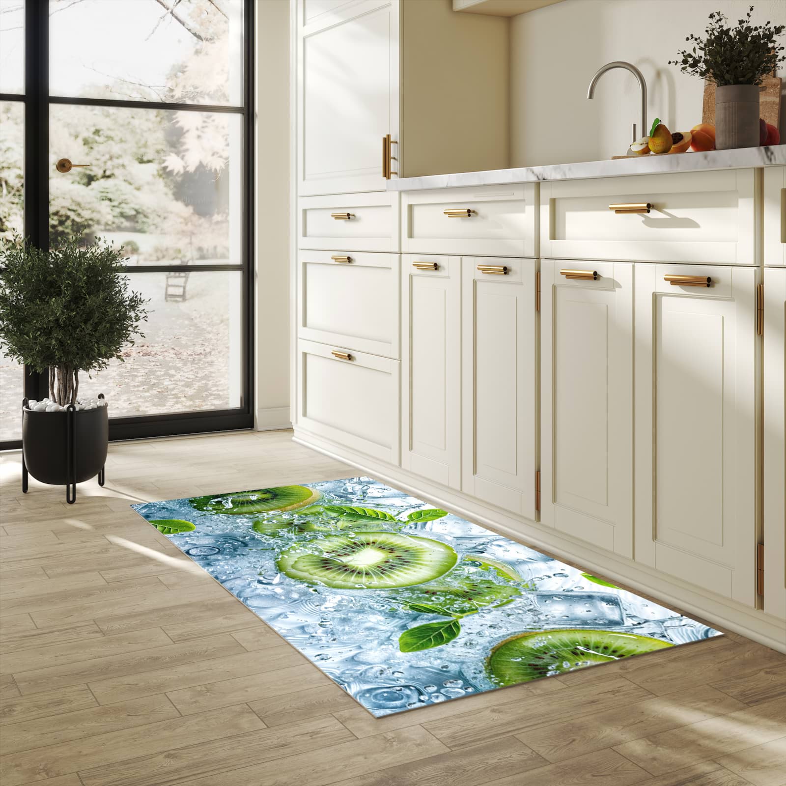 Formstabiler waschbarer Küchenteppich mit Motiv Frische Kiwi Splashes in heller Küche