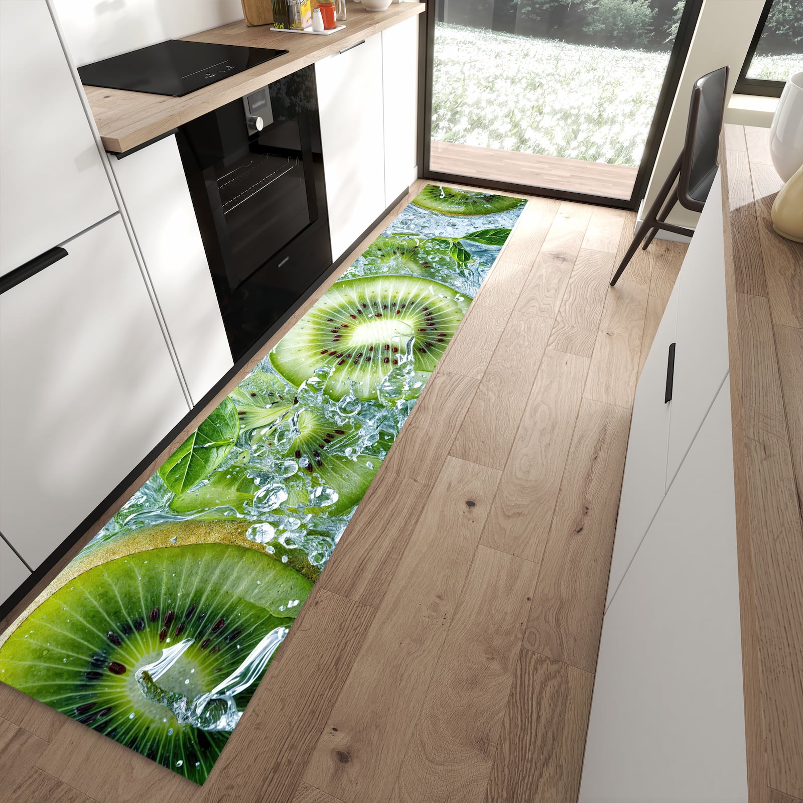Schmutzabweisender Küchenteppich mit Motiv Frische Kiwi Splashes in moderner Küche
