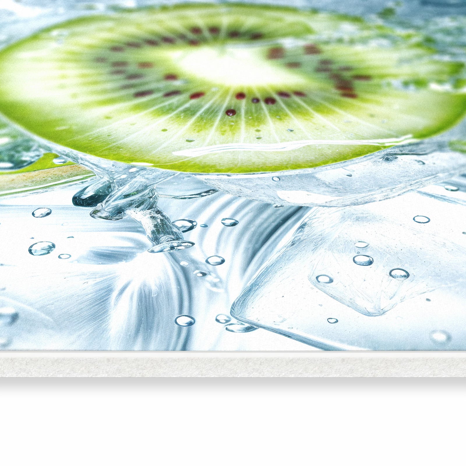 Küchenvorleger mit Motiv Frische Kiwi Splashes in seitlicher Ansicht für Ordnung