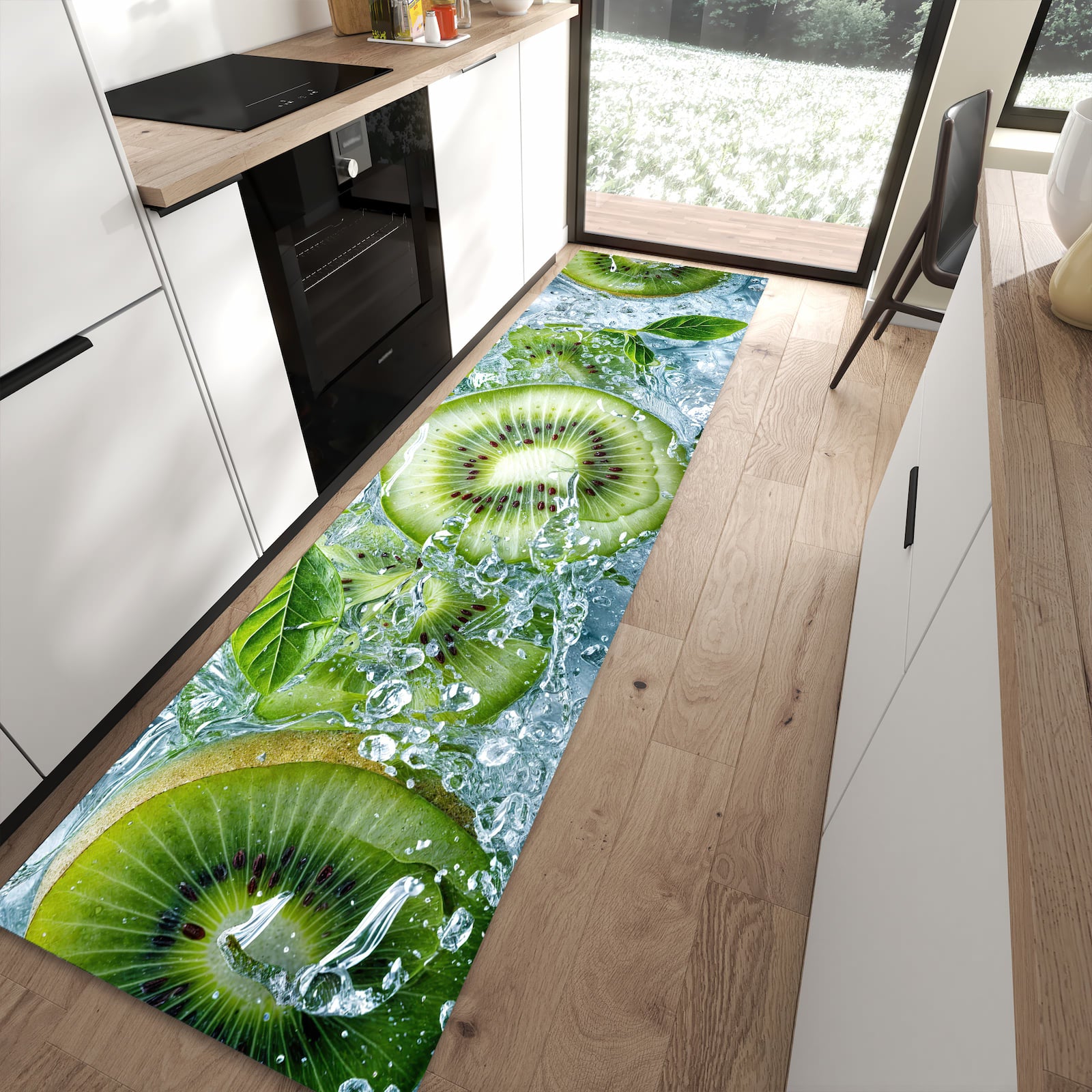 Waschbarer Küchenteppich mit Motiv Frische Kiwi Splashes in moderner Küche