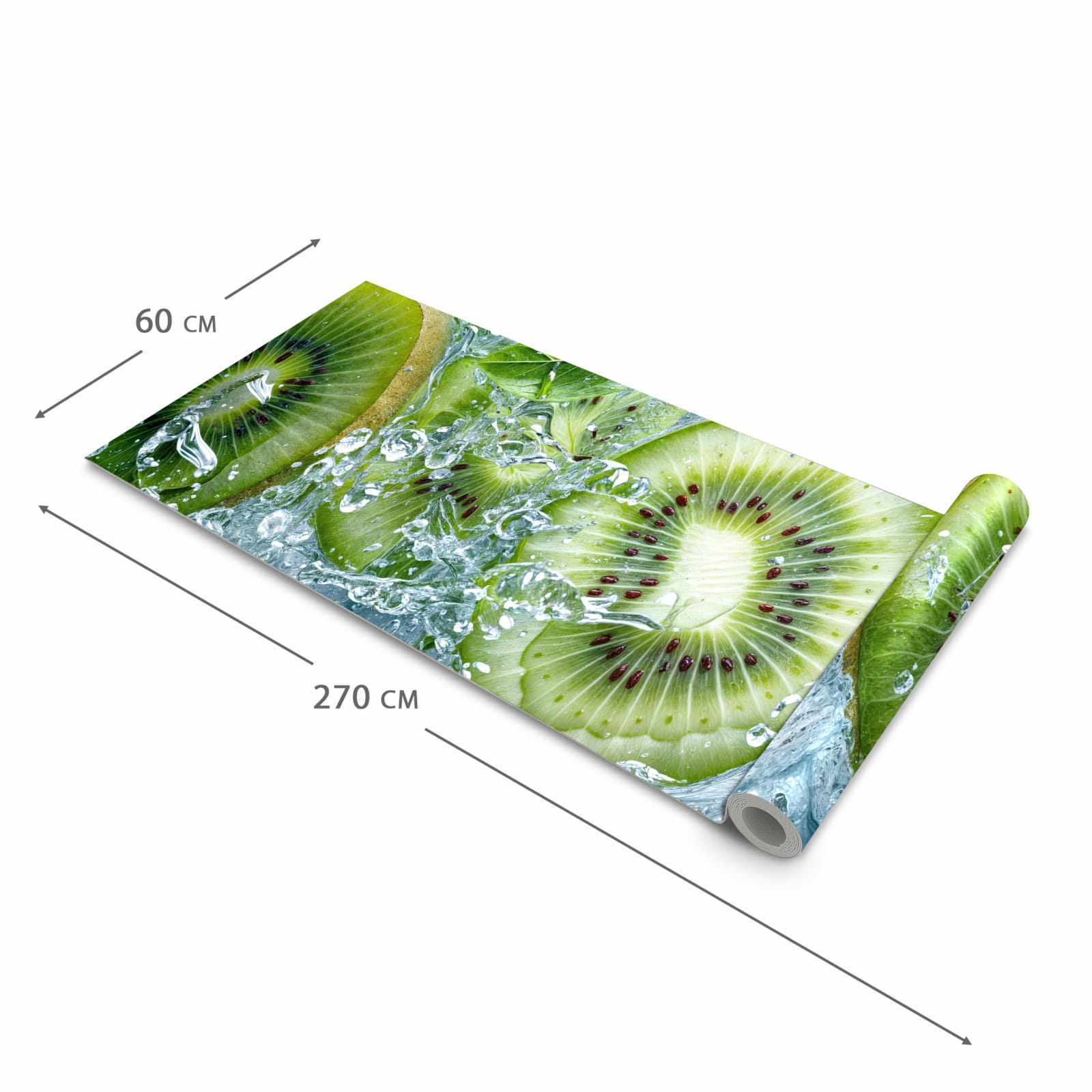 Pflegeleichter waschbarer Küchenteppich mit Motiv Frische Kiwi Splashes in der Grösse 90x240 cm