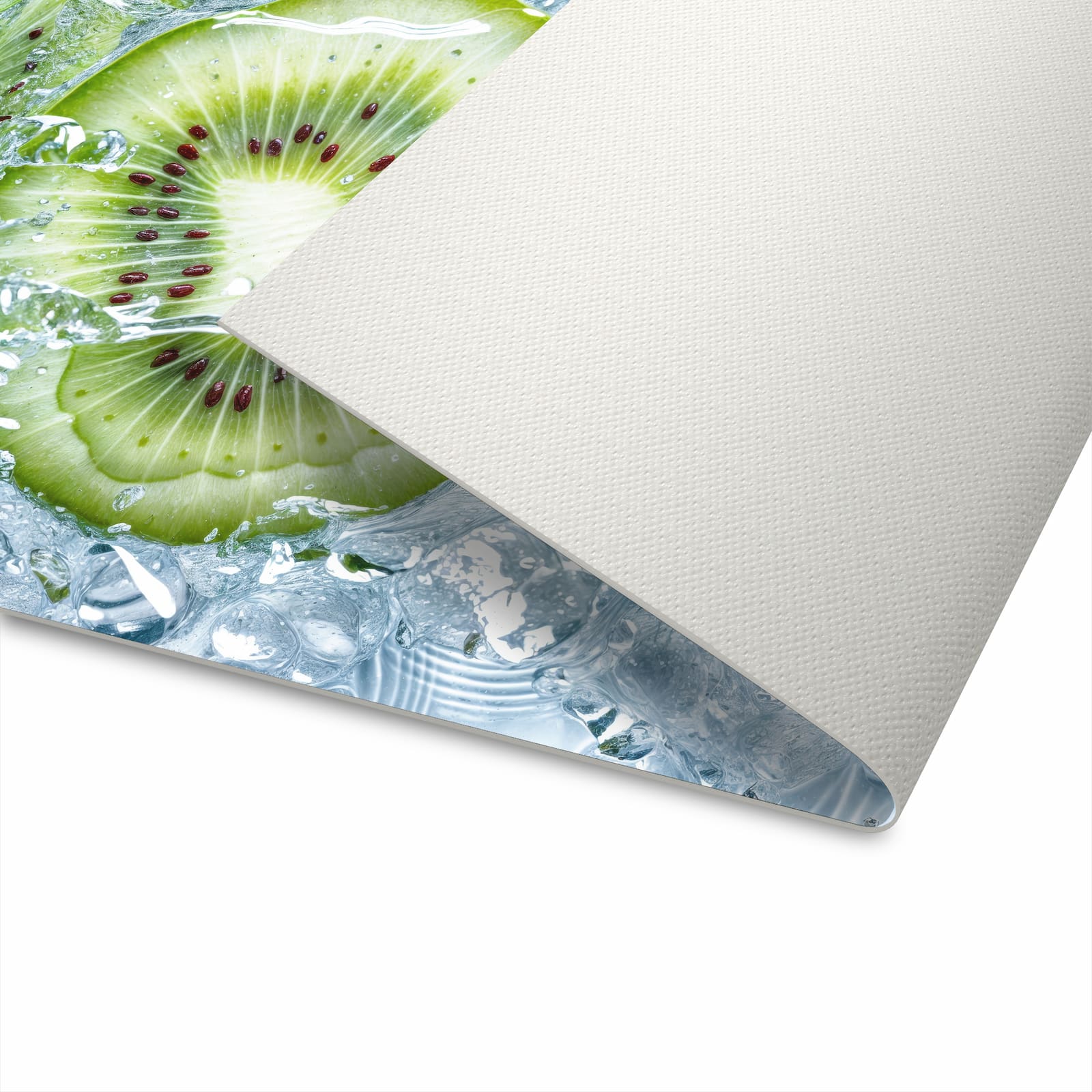 Pflegeleichter Teppich für die Küche mit Motiv Frische Kiwi Splashes auf Unterseite