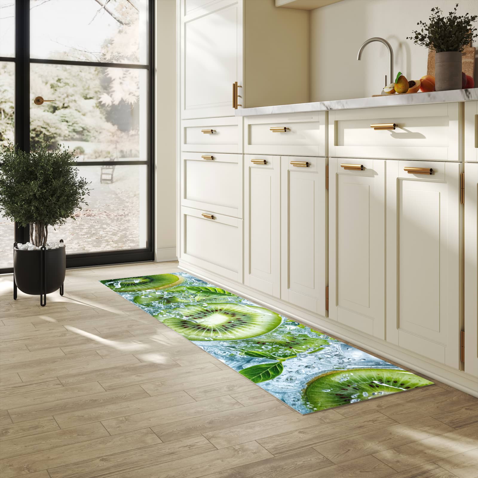 Waschbarer Küchenteppich mit Motiv Frische Kiwi Splashes in heller Küche