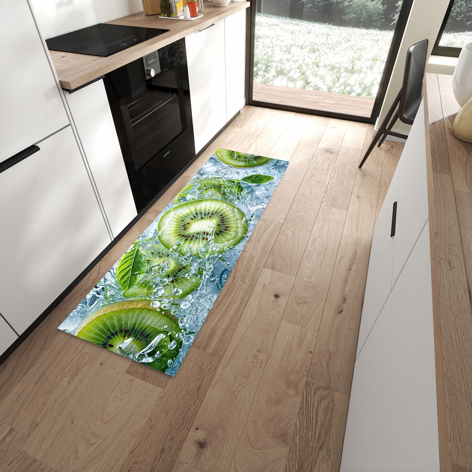 Komfortabler Küchenteppich mit Motiv Frische Kiwi Splashes in moderner Küche