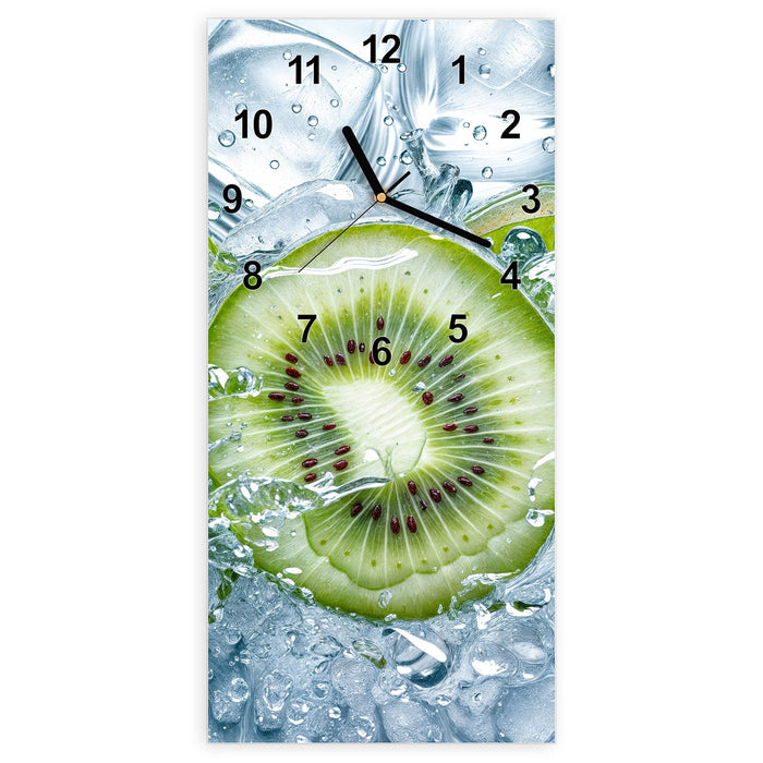 Wanduhr Frische Kiwi Spritzer aus Glas – Hochformat 30 × 60 cm mit Ziffernblatt Modern