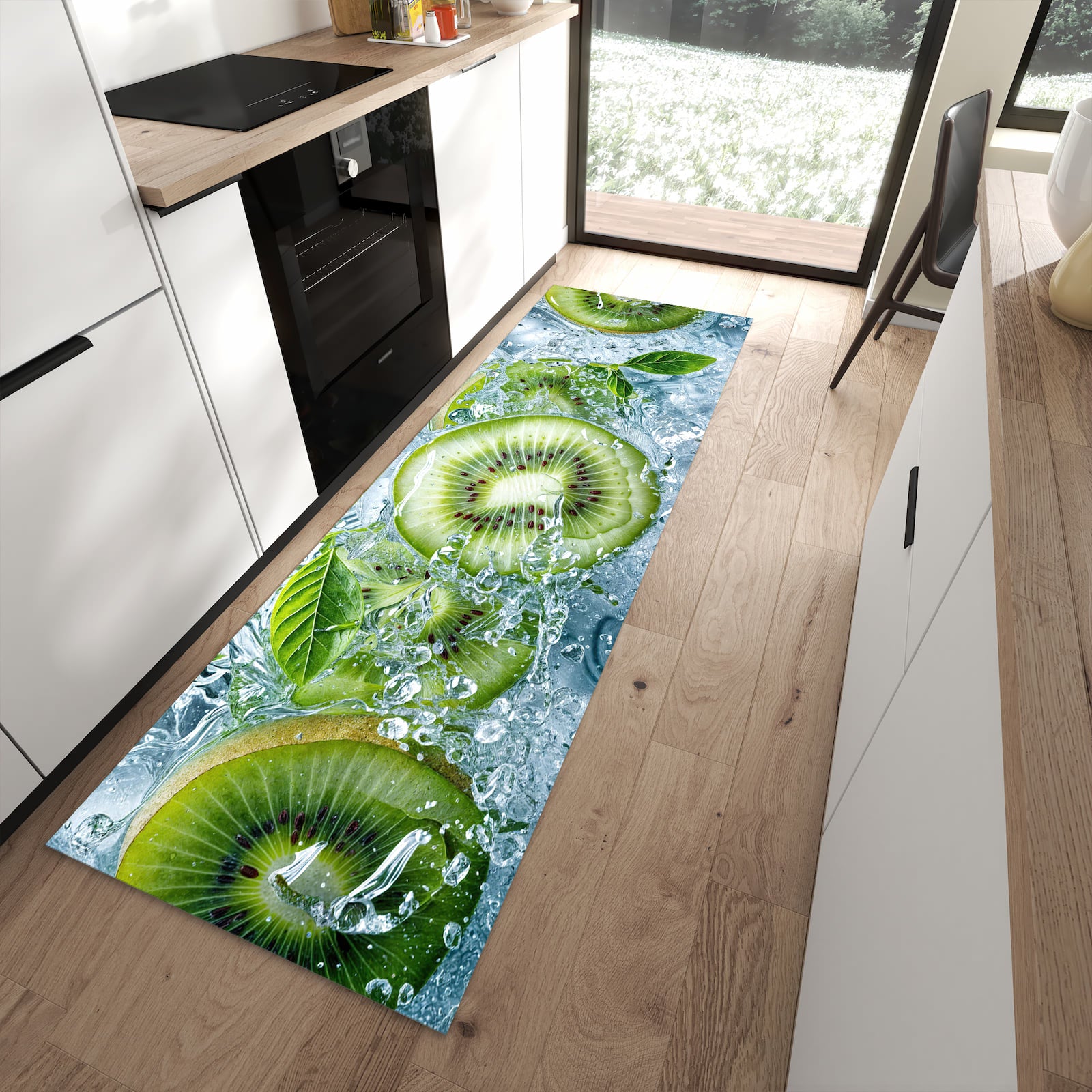 Flacher Küchenläufer mit Motiv Frische Kiwi Splashes in moderner Küche