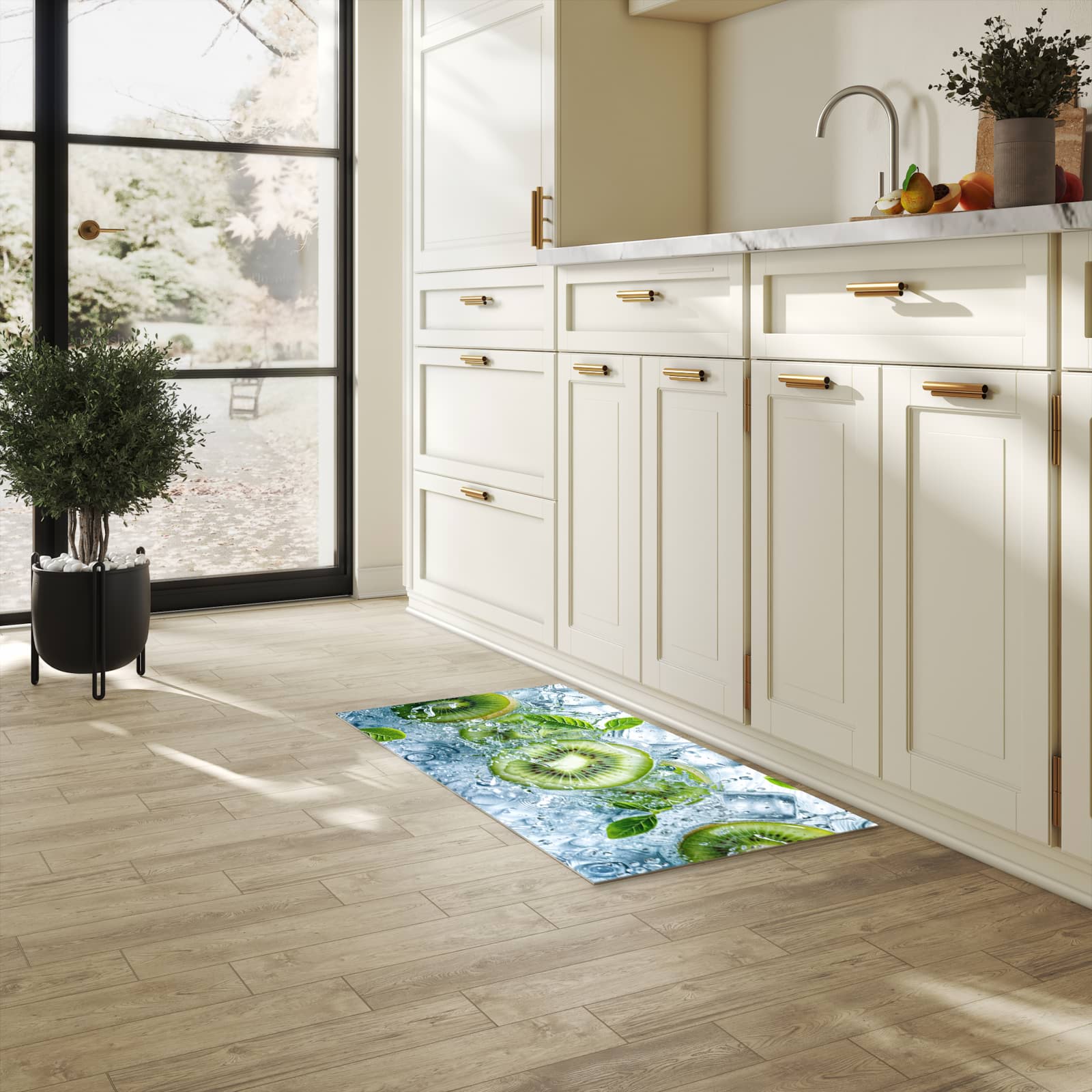 Bodenläufer mit Motiv Frische Kiwi Splashes für angenehme Haptik in heller Küche