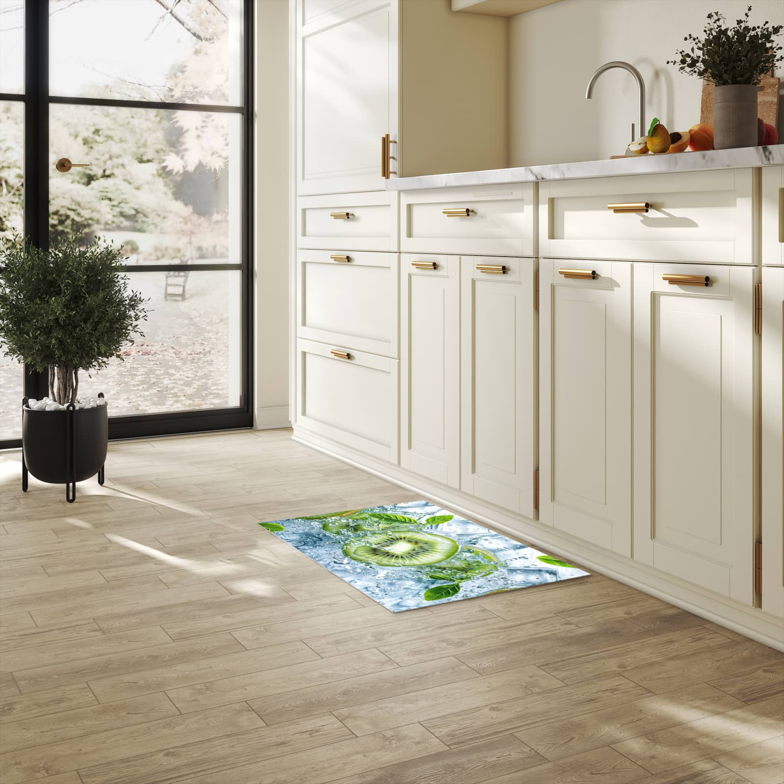 Feuchtigkeitsresistenter Küchenteppich mit Motiv Frische Kiwi Splashes in heller Küche
