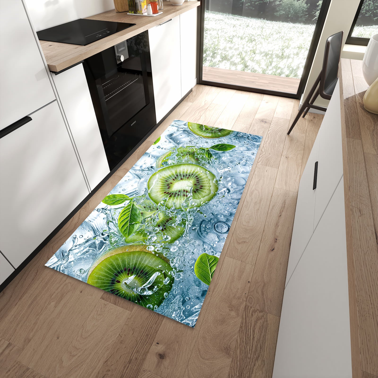 Komfortabler Küchenteppich mit Motiv Frische Kiwi Splashes in moderner Küche