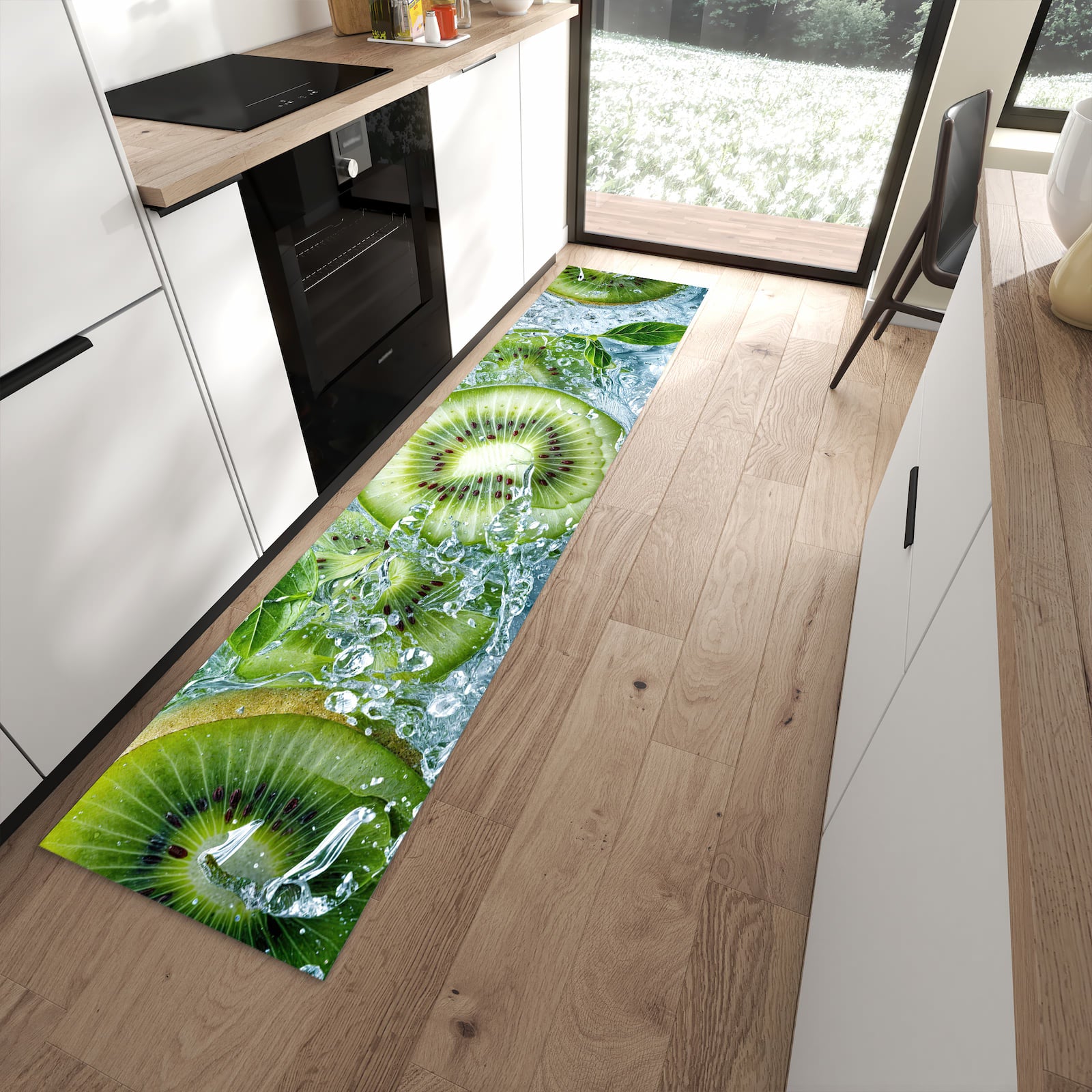 Fleckenresistenter Küchenteppich mit Motiv Frische Kiwi Splashes in moderner Küche
