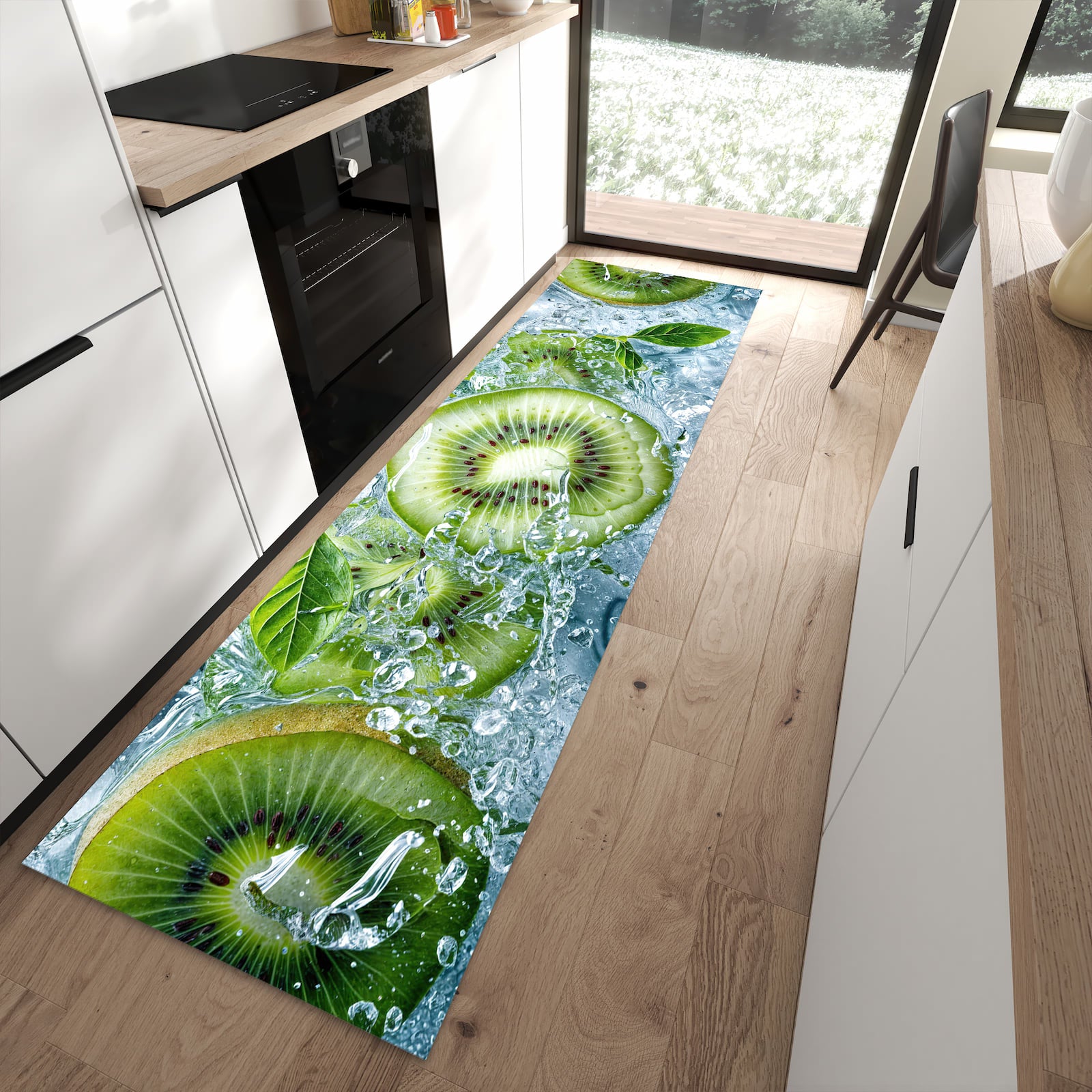 Rutschfester Küchenteppich mit Motiv Frische Kiwi Splashes in moderner Küche