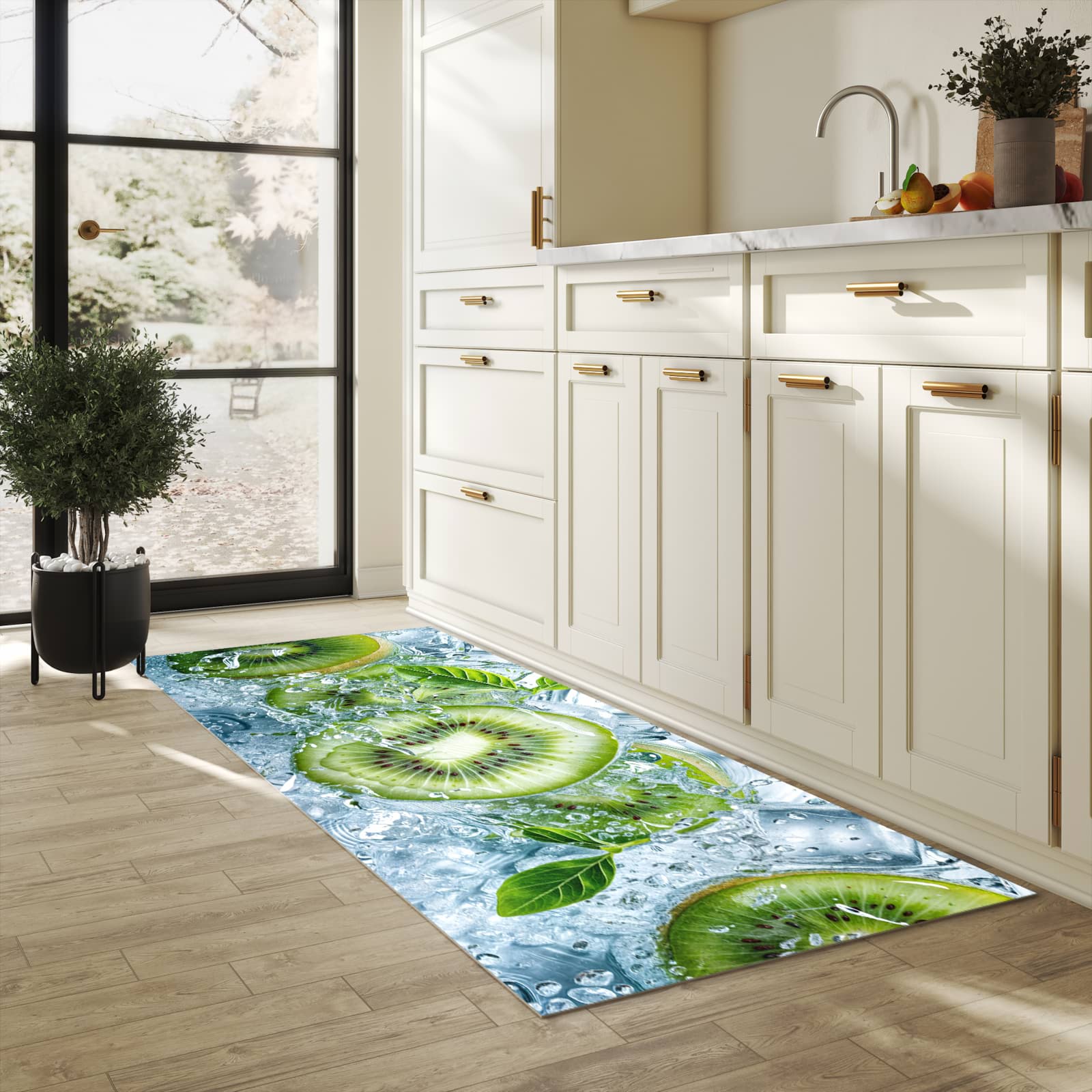 Küchenteppich mit Motiv Frische Kiwi Splashes in heller Küche für sichere Aufbewahrung