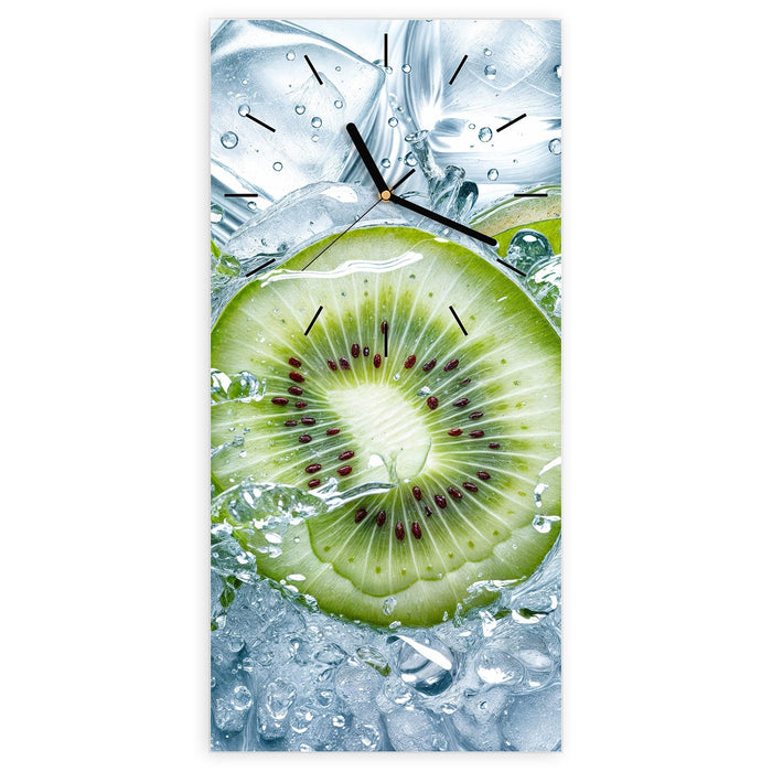 Wanduhr Frische Kiwi Spritzer aus Glas – Hochformat 30 × 60 cm mit Ziffernblatt Linie