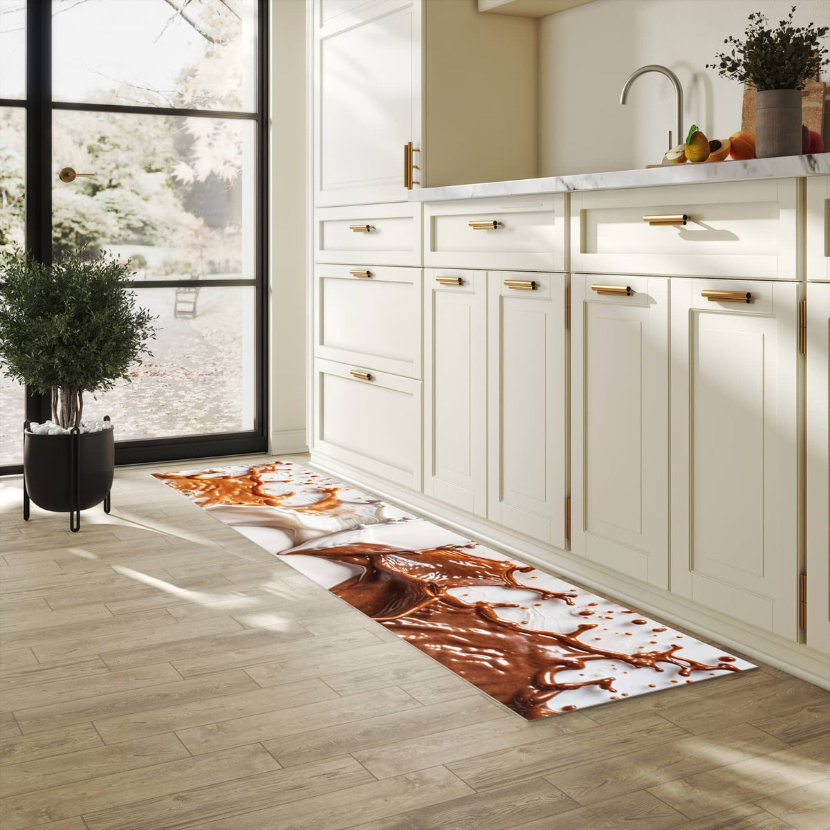 Fleckenresistenter langer Teppich mit Motiv Herzmuster Streifen in heller Küche