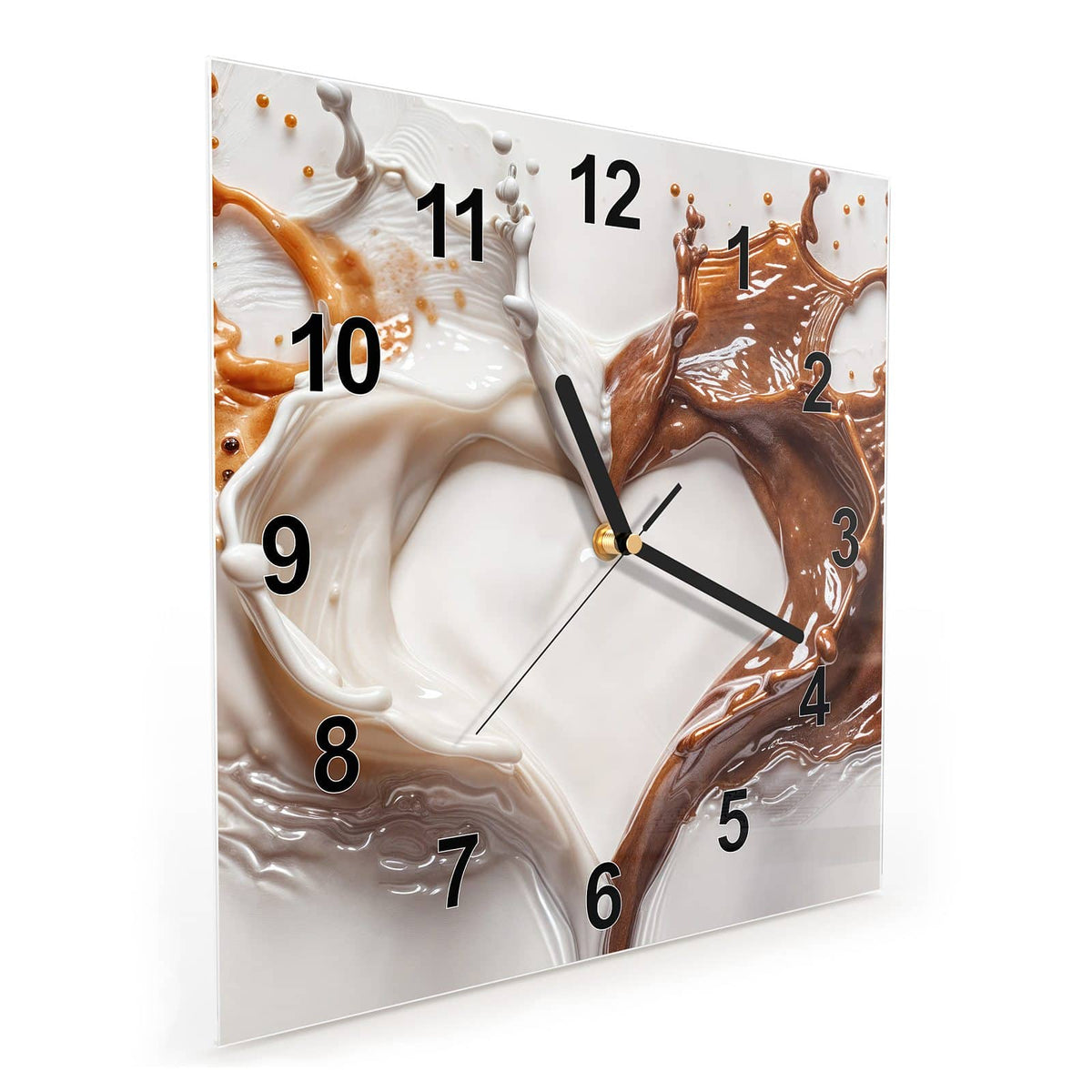 Quadratische Wanduhr aus Glas Herz aus Milch und Kakao schräg von der Seite, 4 mm starkes Glas