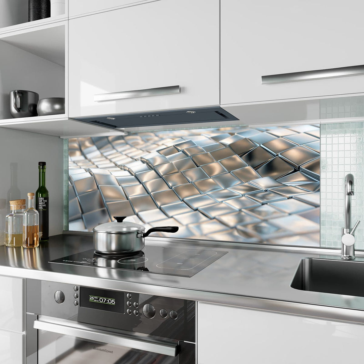 Küchenrückwand aus Glas Welle aus Metallfliesen im Hochformat als Spritzschutz hinter dem Kochfeld, über dem Fliesenspiegel montiert