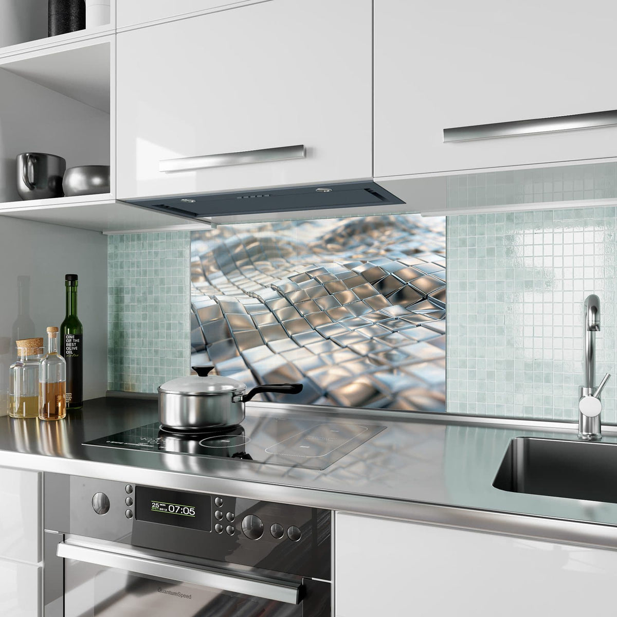 Küchenrückwand aus Glas Welle aus Metallfliesen im Hochformat als Spritzschutz hinter dem Kochfeld, über dem Fliesenspiegel montiert
