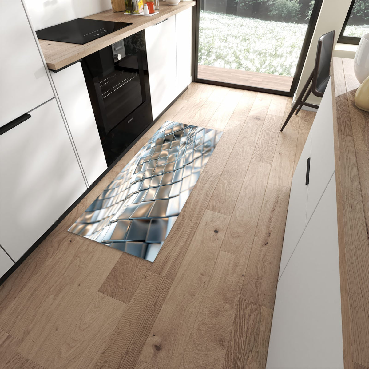 Wasserabweisender Küchenteppich mit Motiv Metallische Fläche in moderner Küche