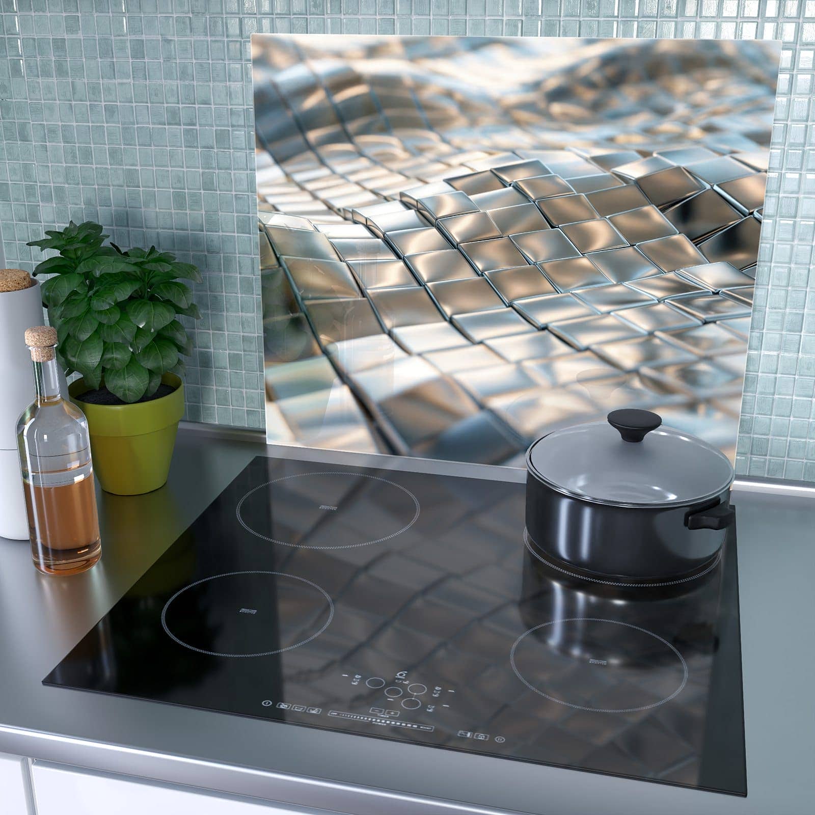 1-teilige Herdabdeckplatte aus Glas mit Metallische Fläche-Motiv als Spritzschutz hinter dem Kochfeld