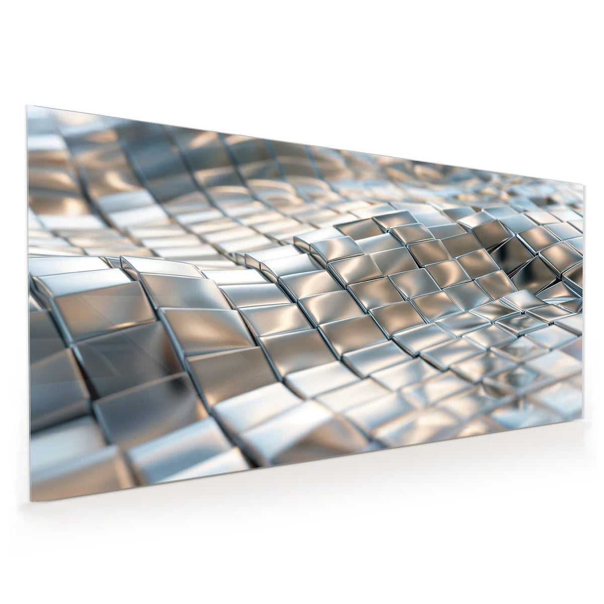 Küchenrückwand aus Glas im Hochformat: Silberne Metallfliesen, die sich als Welle über die Fläche ziehen