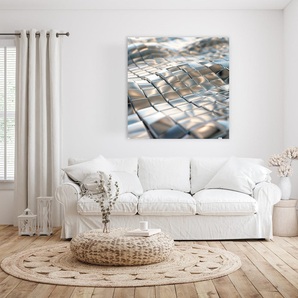 Glasbild Welle aus Metallfliesen an der Wand – Silberne Metallfliesen, die sich als Welle über die Fläche ziehen