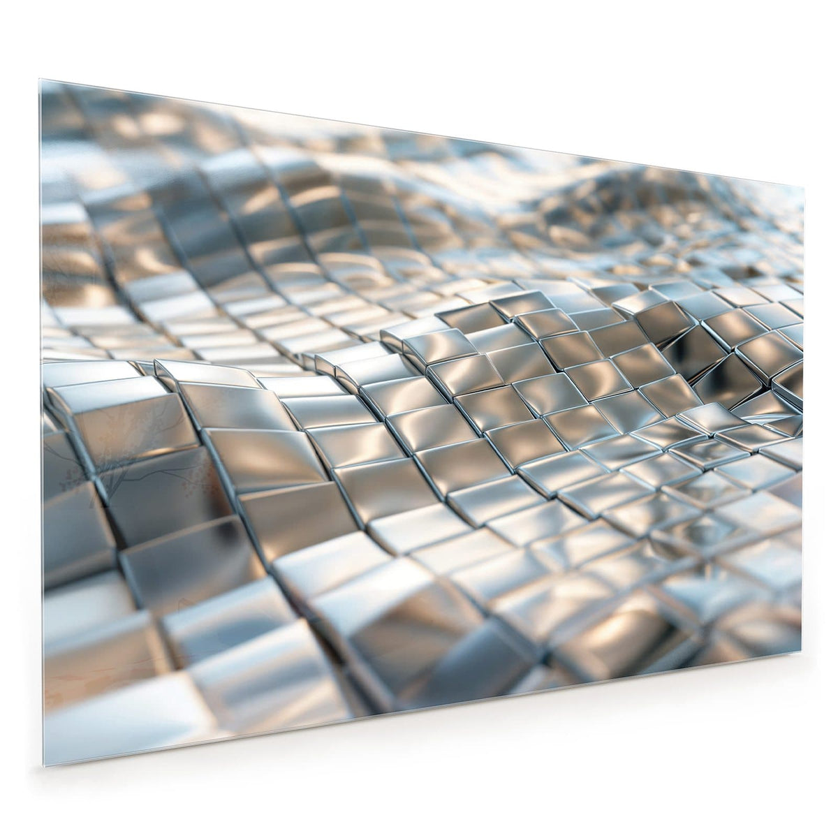 Küchenrückwand aus Glas im Hochformat: Silberne Metallfliesen, die sich als Welle über die Fläche ziehen