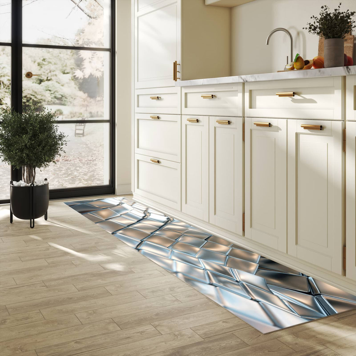 Bodenschonender Küchenteppich mit Motiv Metallische Fläche in heller Küche