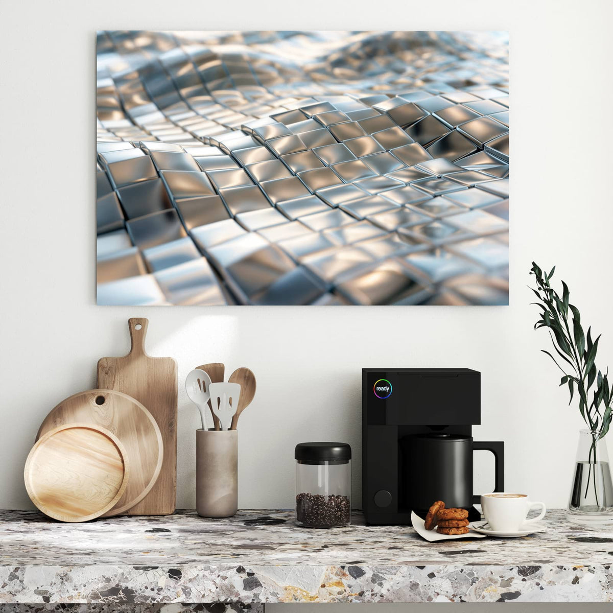 Metall Magnettafel - Welle aus Metallfliesen – Wellen aus silbernen Metallfliesen