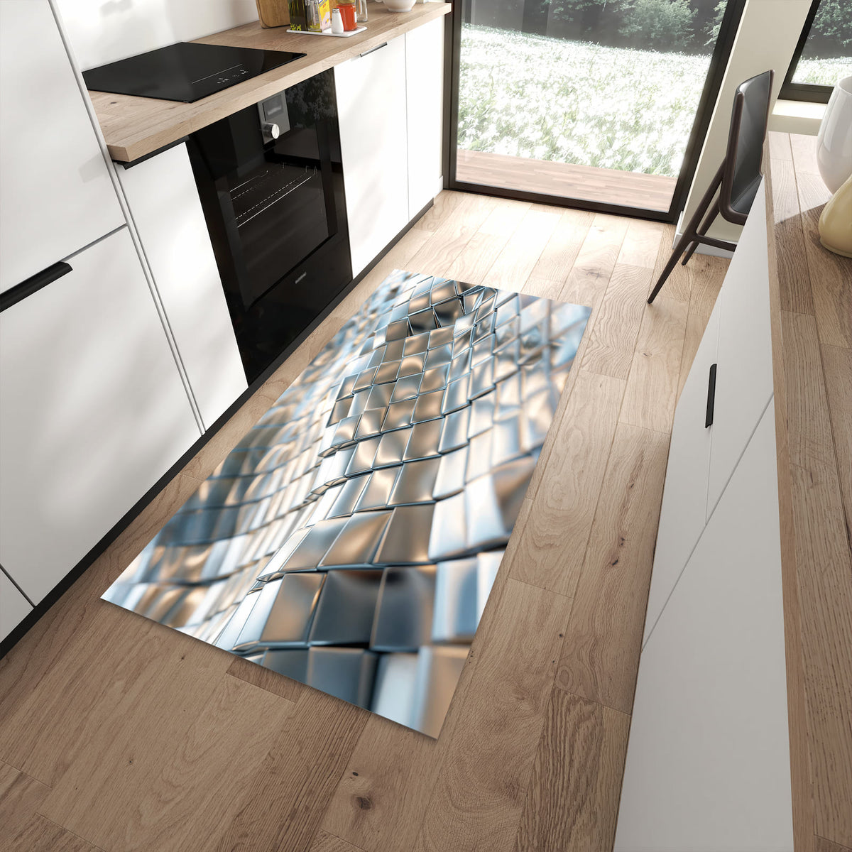 Küchenteppich mit Motiv Metallische Fläche für angenehme Haptik in moderner Küche
