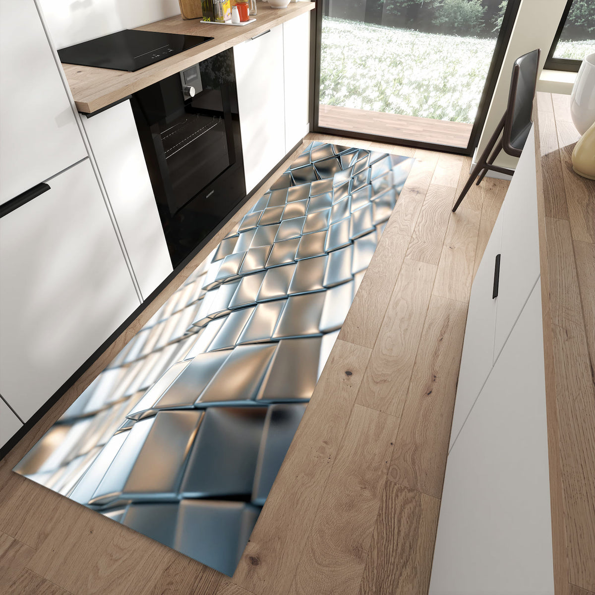 Rutschfester Küchenteppich mit Motiv Metallische Fläche in moderner Küche